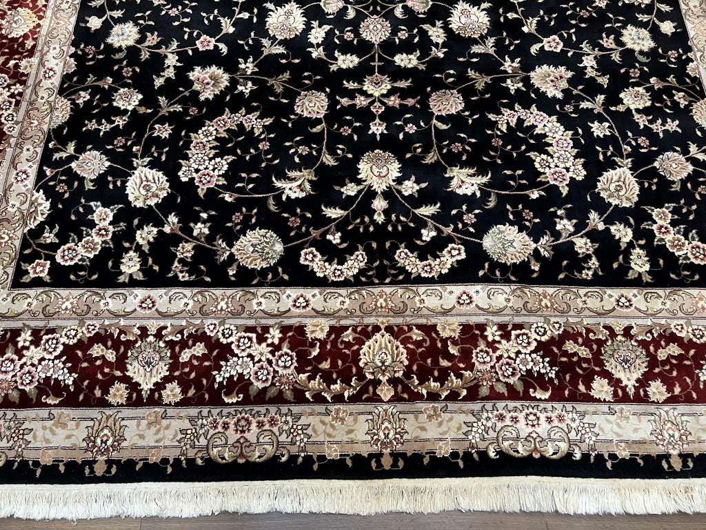Sino Persian Rug 9x12, High Quality Oriental Carpet, Black and Maroon, Wool and Silk, Allover Floral Pattern, Hand Knotted, Vintage Rug Nice