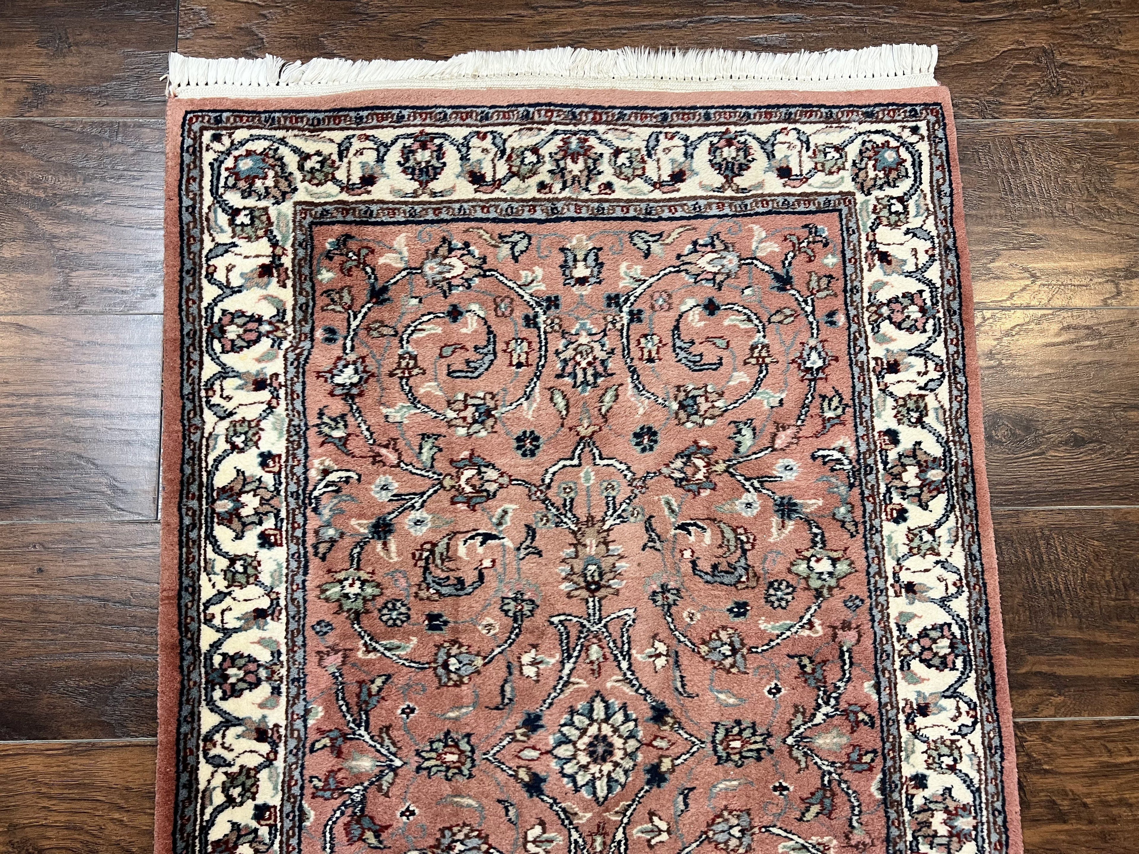 Indo Persian Runner Rug 2.6 x 10, Wool Hand Knotted Vintage Oriental Carpet, Pink & Ivory, Floral Allover, Hallway Rug
