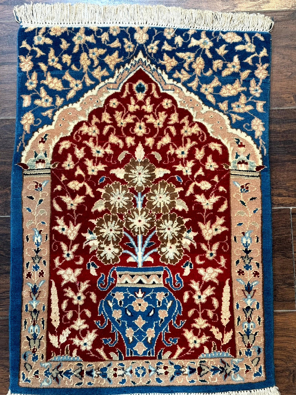 Small Persian Nain Rug, Persian Vase Tree of Life Design, Red and Blue, Very Fine 260 KPSI, Wool and Silk Highlights
