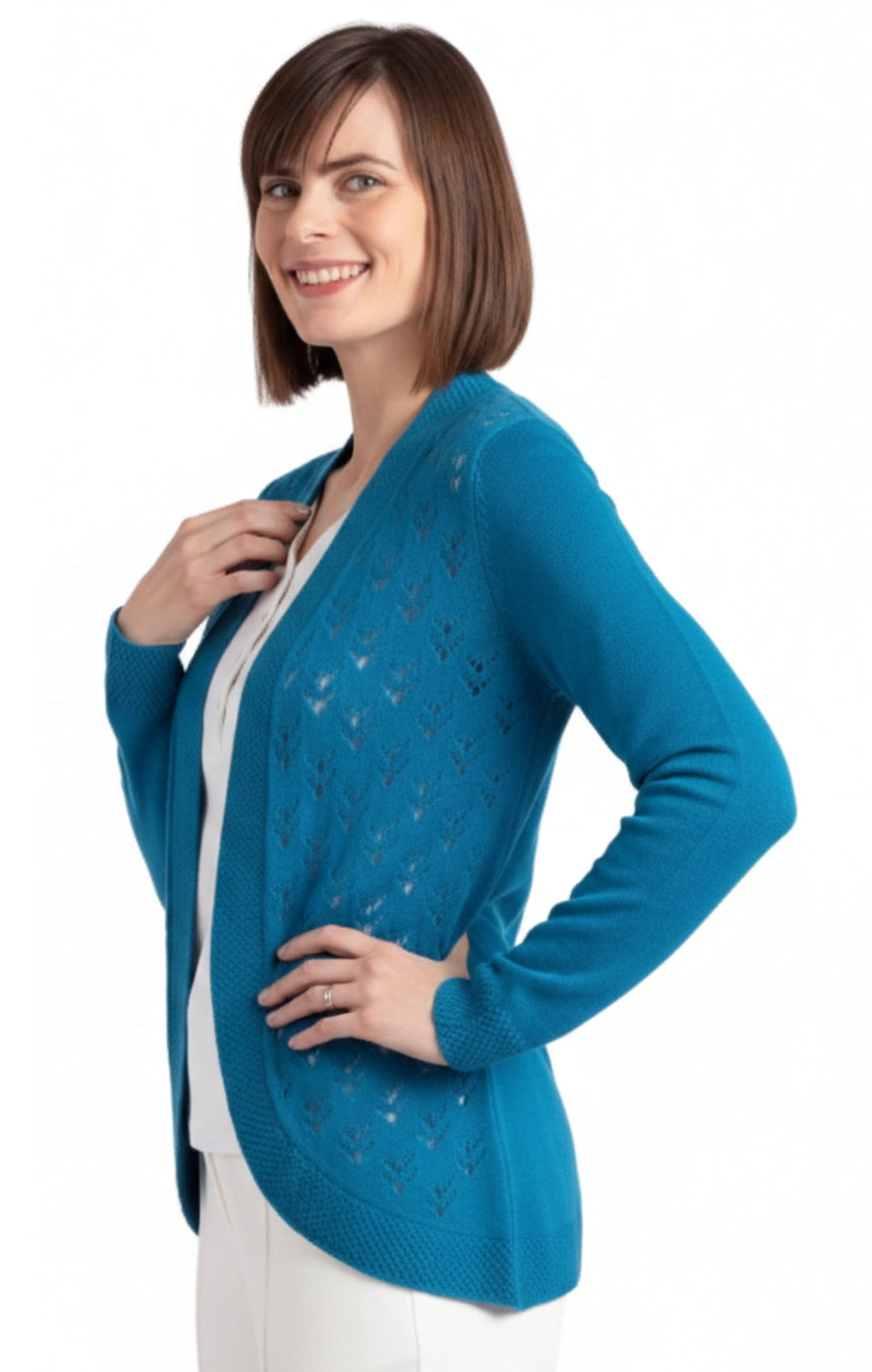 Women's Open Front Curved Hem Pointelle Shrug in Soft Acrylic