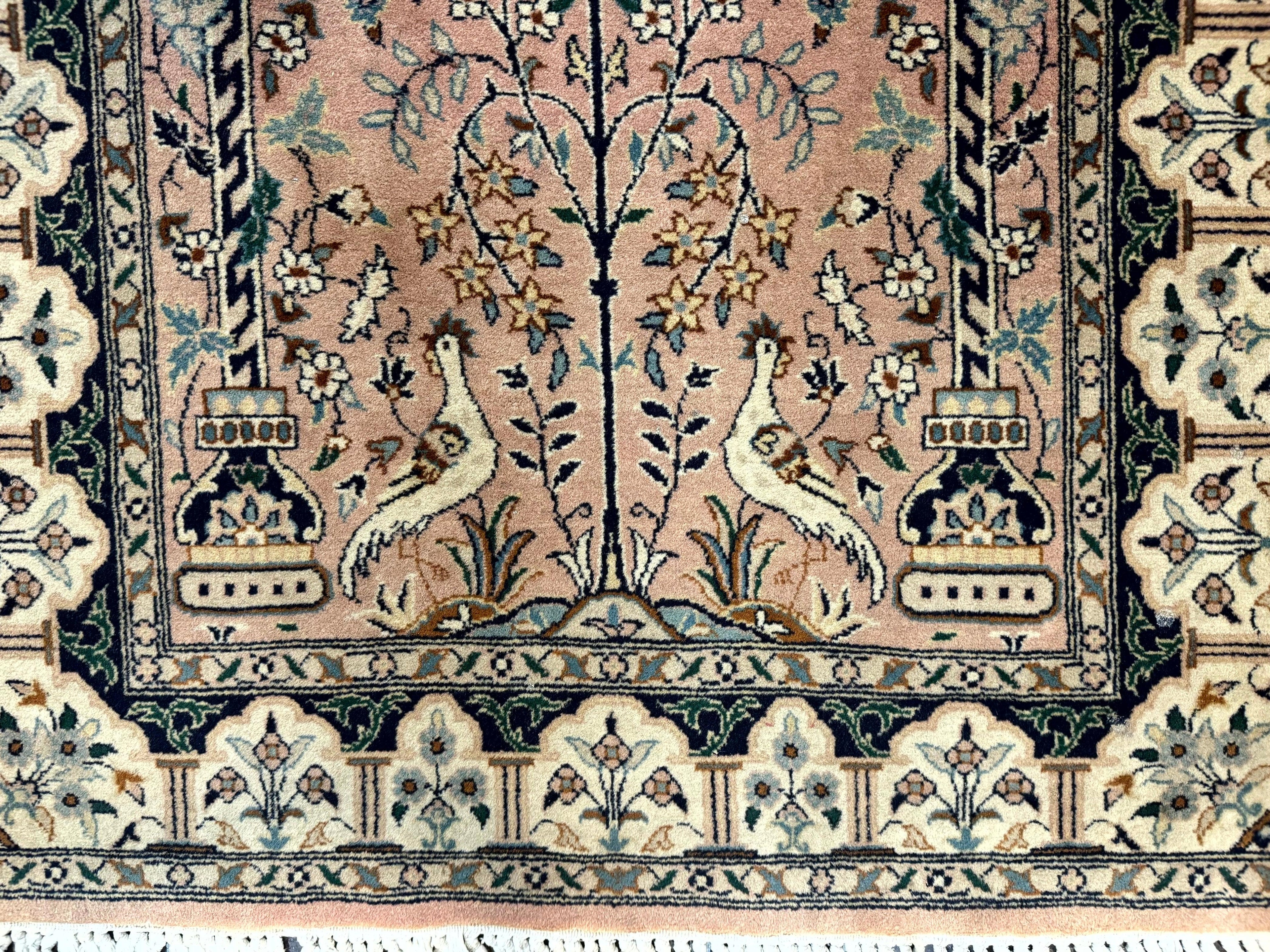 Small Tree of Life Prayer Rug, Pak Persian Rug 2.7 x 4, , Birds, Lantern, Handmade Vintage Fine 260 KPSI