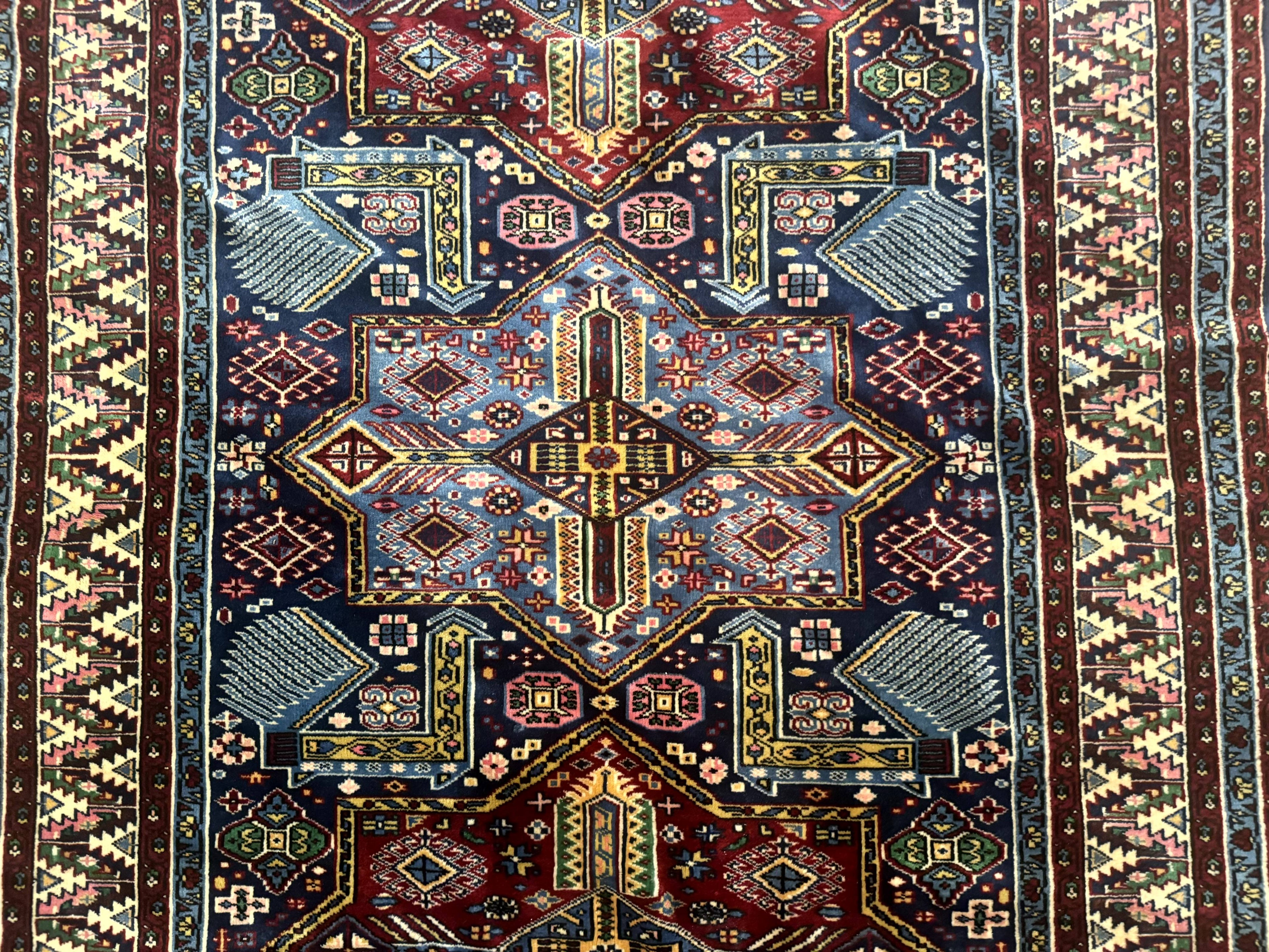 Indian Rug with Caucasian Design, 4x6 Geometric Carpet, Navy Blue and Cream