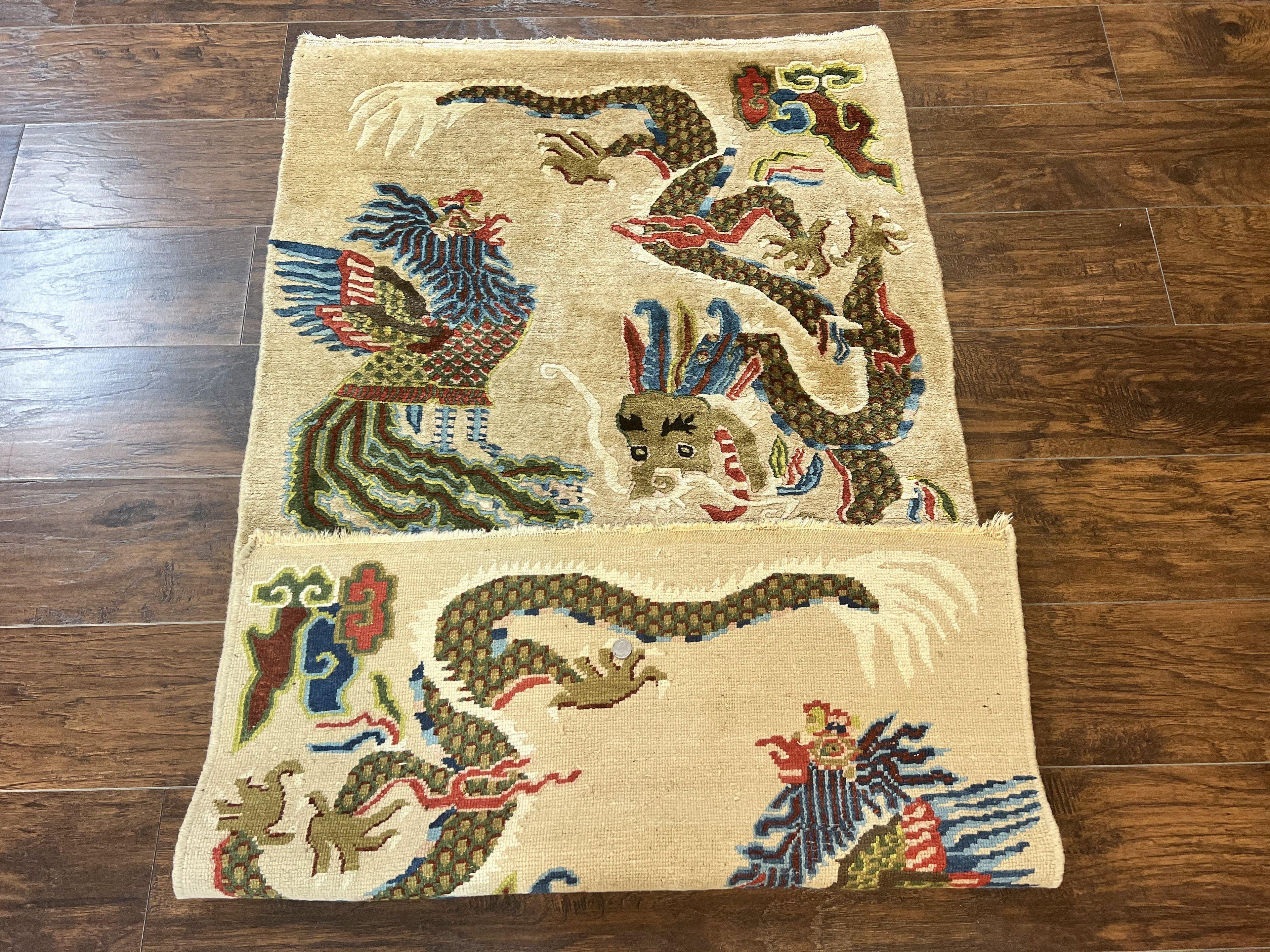Antique Chinese Peking Rug 3 x 5.6, Dragon Motifs, Handmade Wool Asian Oriental Carpet