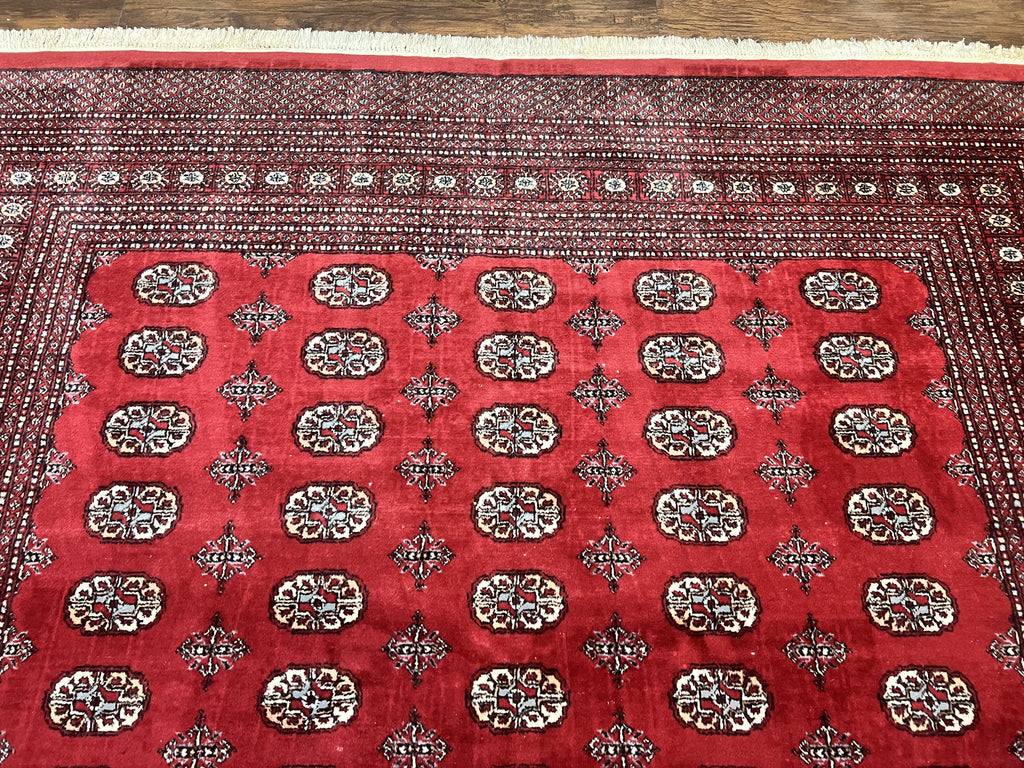 Turkoman Rug 8 x 11.6, Red Bokhara Pakistani Carpet, Wool Handmade Vintage Rug