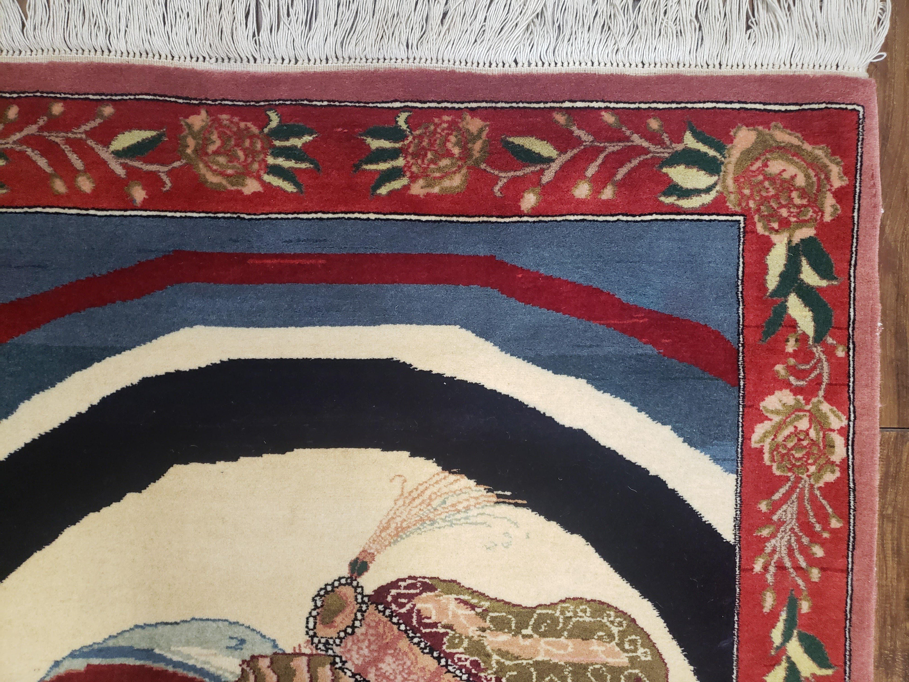 Vintage Small Pictorial Lovers Rug 2.5 x 4, Taj Mahal Indo Persian Rug, Wool Hand-Knotted Indian Rug, King & Queen, Layla and Majnun
