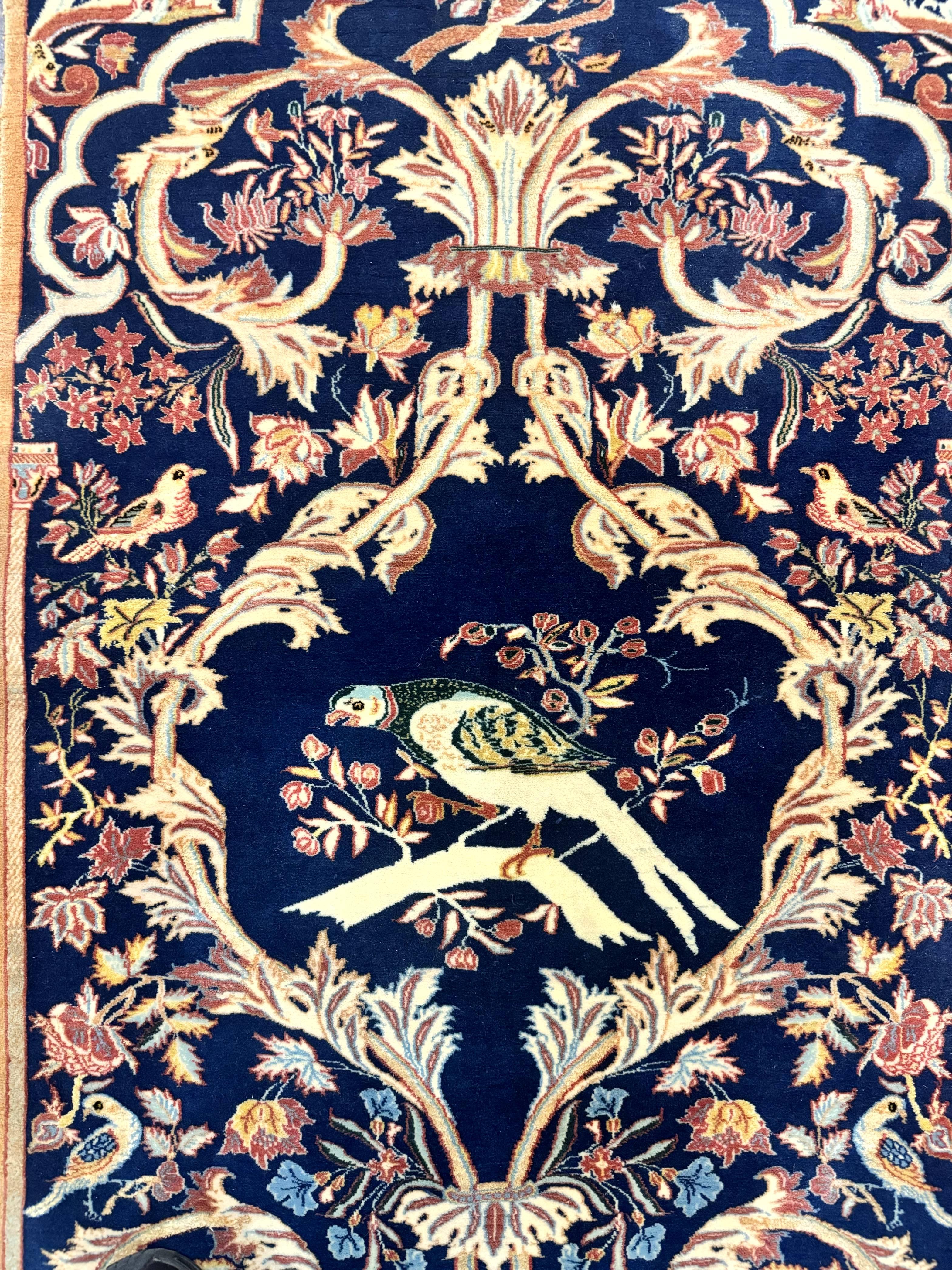 Persian Isfahan Rug 2x4, Birds, Navy Blue, Kork Wool on Silk Foundation, 460 KPSI
