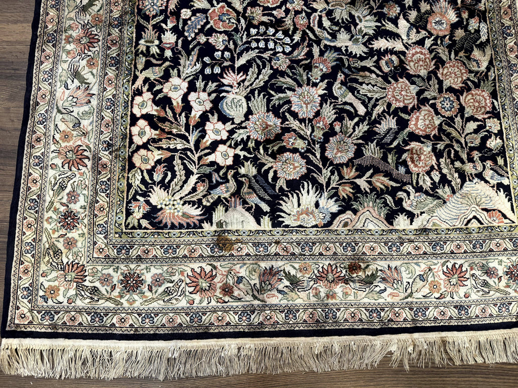 Silk Rug 4x6, Black and Cream, Floral & Bird Pictorials, Fine 330 KPSI, Sino Persian Rug