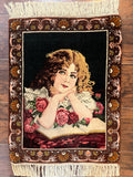 Small Persian Tabriz Pictorial Rug of Young Girl, Very Fine 380 KPSI, Portrait of Young Lady with Roses, Handmade, Persian Rug for Wall Hanging