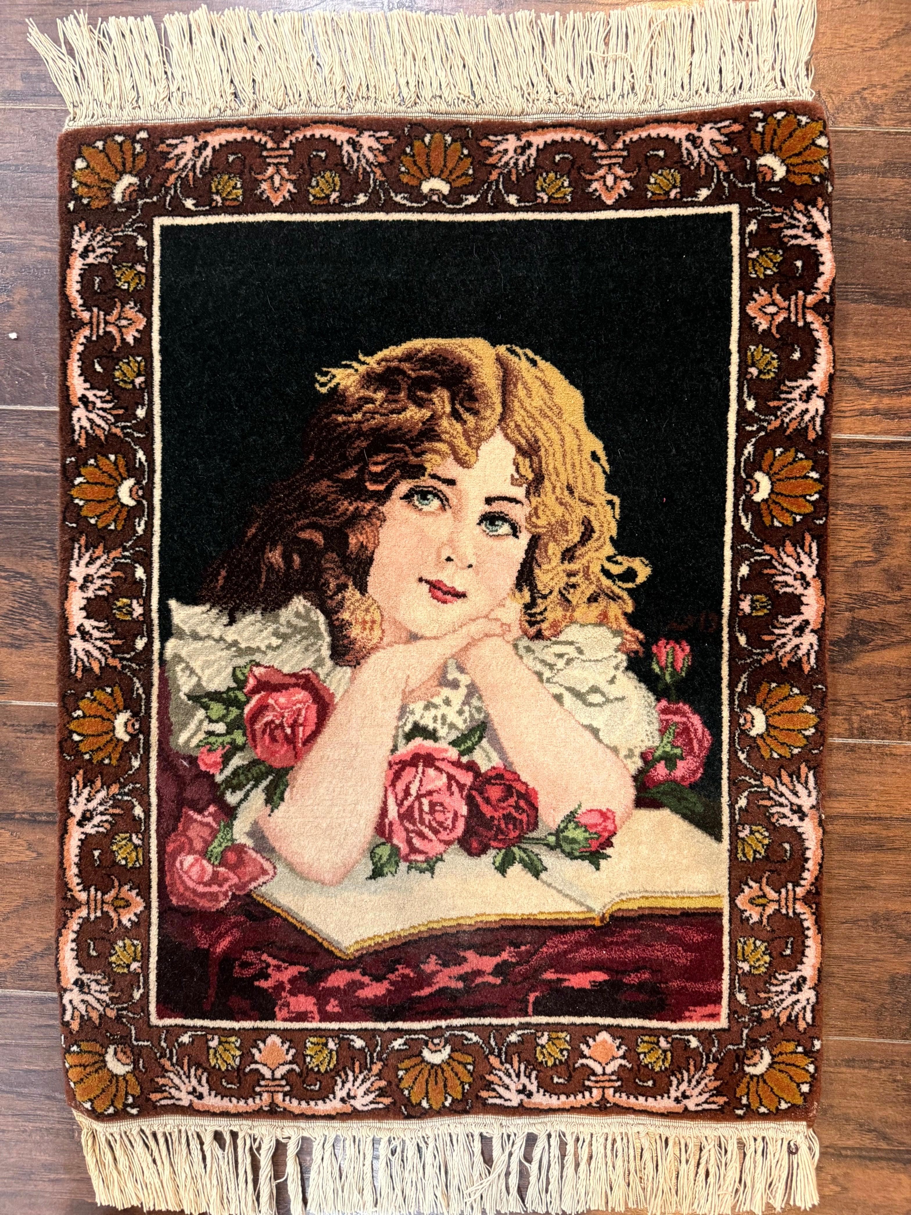 Small Persian Tabriz Pictorial Rug of Young Girl, Very Fine 380 KPSI, Portrait of Young Lady with Roses, Handmade, Persian Rug for Wall Hanging