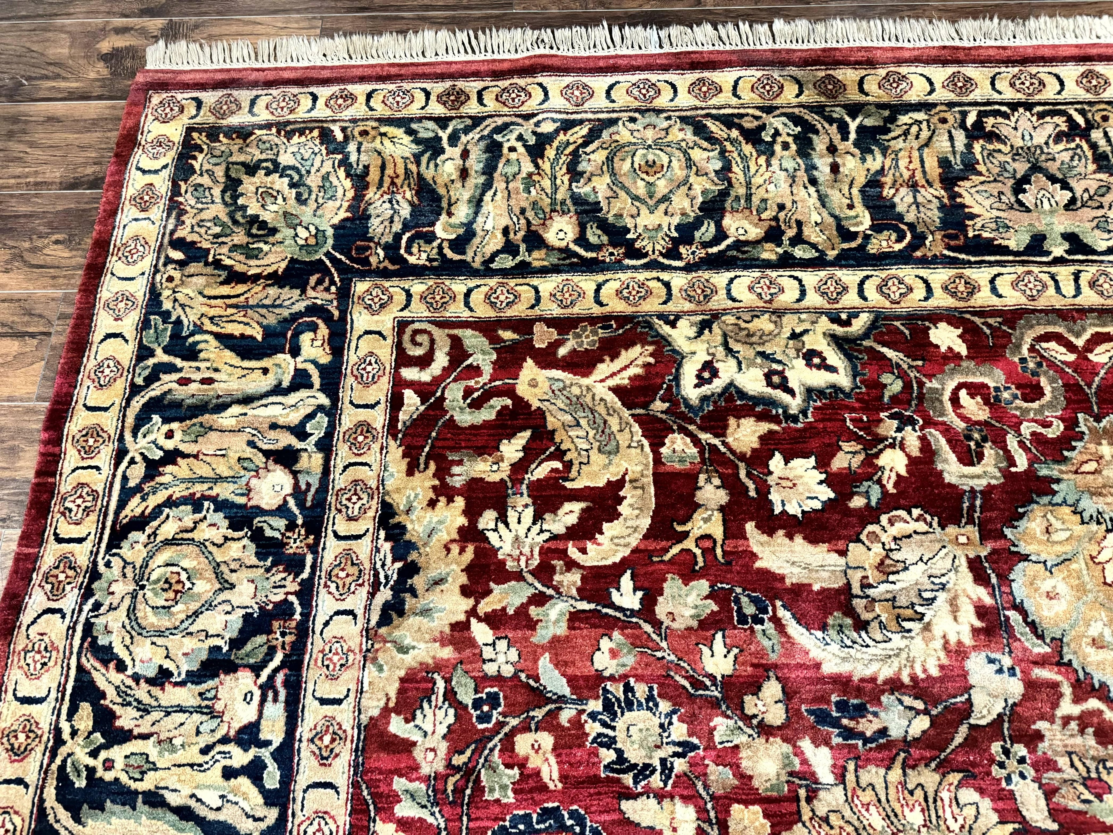 Indo Persian Rug 10x14, Indian Agra Carpet, Vintage Handmade Wool Large Traditional Rug, Dark Red Navy Blue Beige