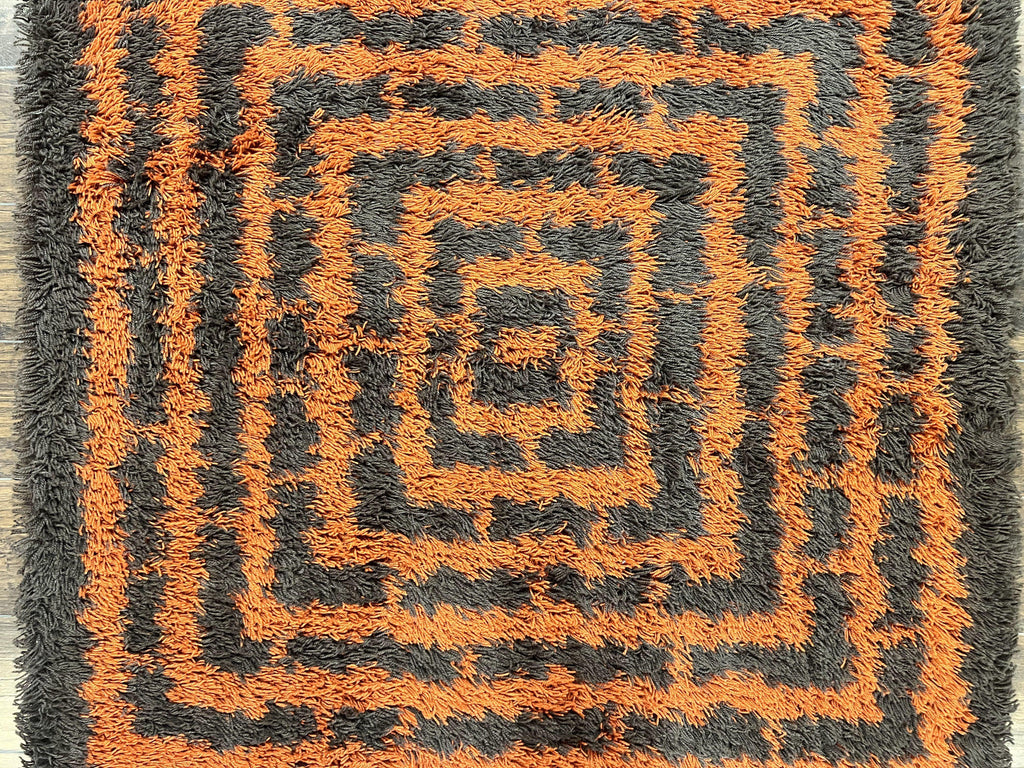 Vintage Rya Shag Rug 4.6 x 6.6, Abstract Design, Brown and Orange, Mid Century Danish Rya Carpet