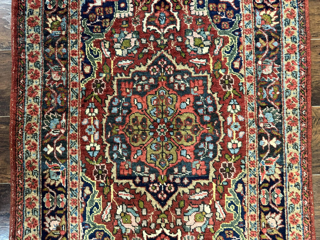 Antique Persian Tabriz Rug 3x5, Brick Red Navy Blue, Floral Medallion, Small Persian Carpet