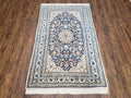 Persian Nain Rug 4x6, Ivory and Blue, Hand-Knotted, Wool & Silk