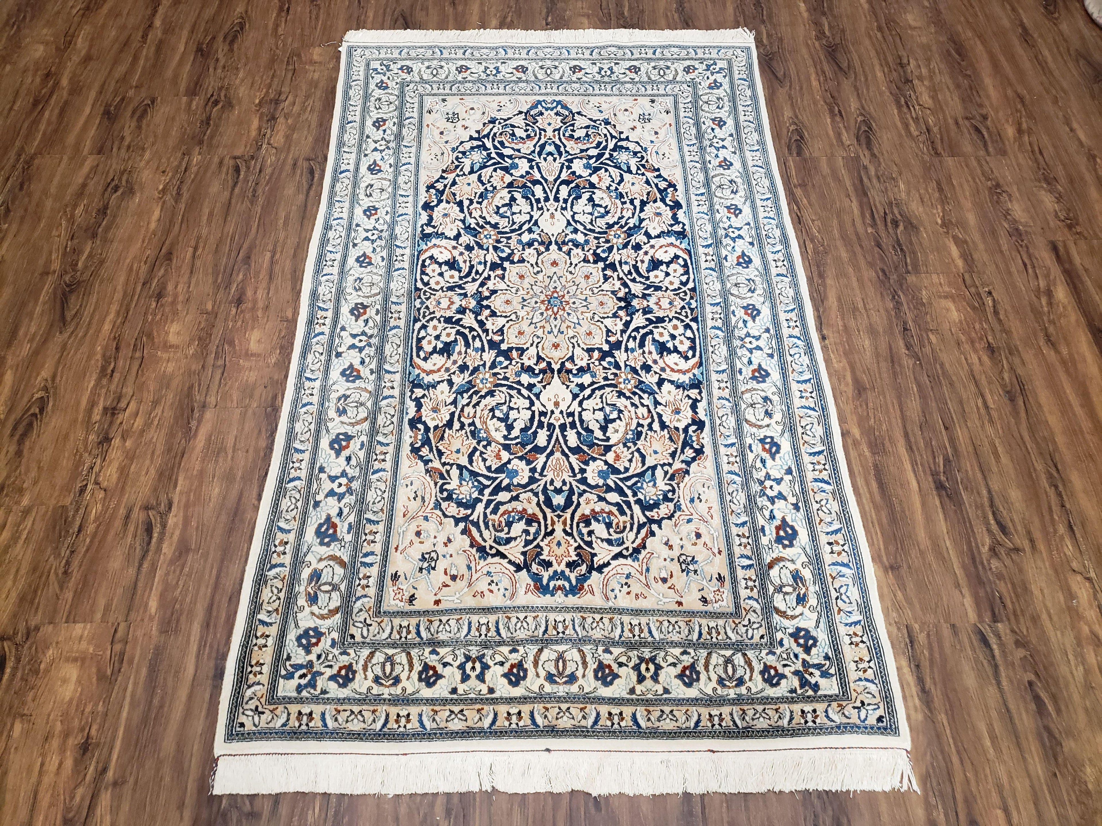 Persian Nain Rug 4x6, Ivory and Blue, Hand-Knotted, Wool & Silk