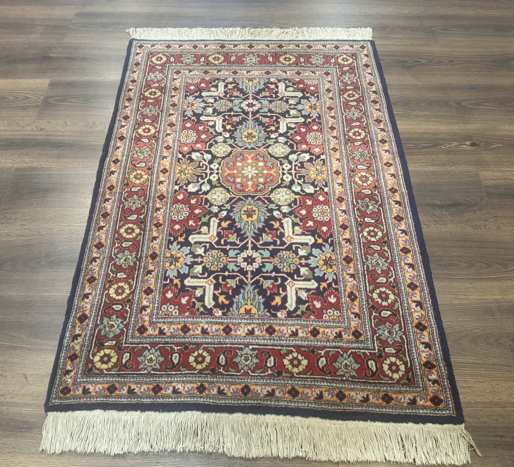 Turkish Hereke Rug 3x5, Navy Blue and Red, Fine 210 KPSI