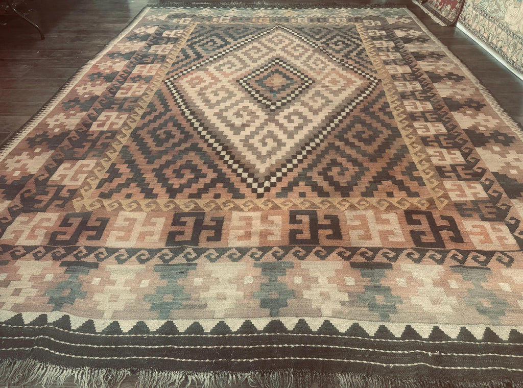 Antique Persian Tribal Kilim Rug 9x12, Zig Zag Pattern Kilim, Zarand Rug, Wool, Earth Tone Colors
