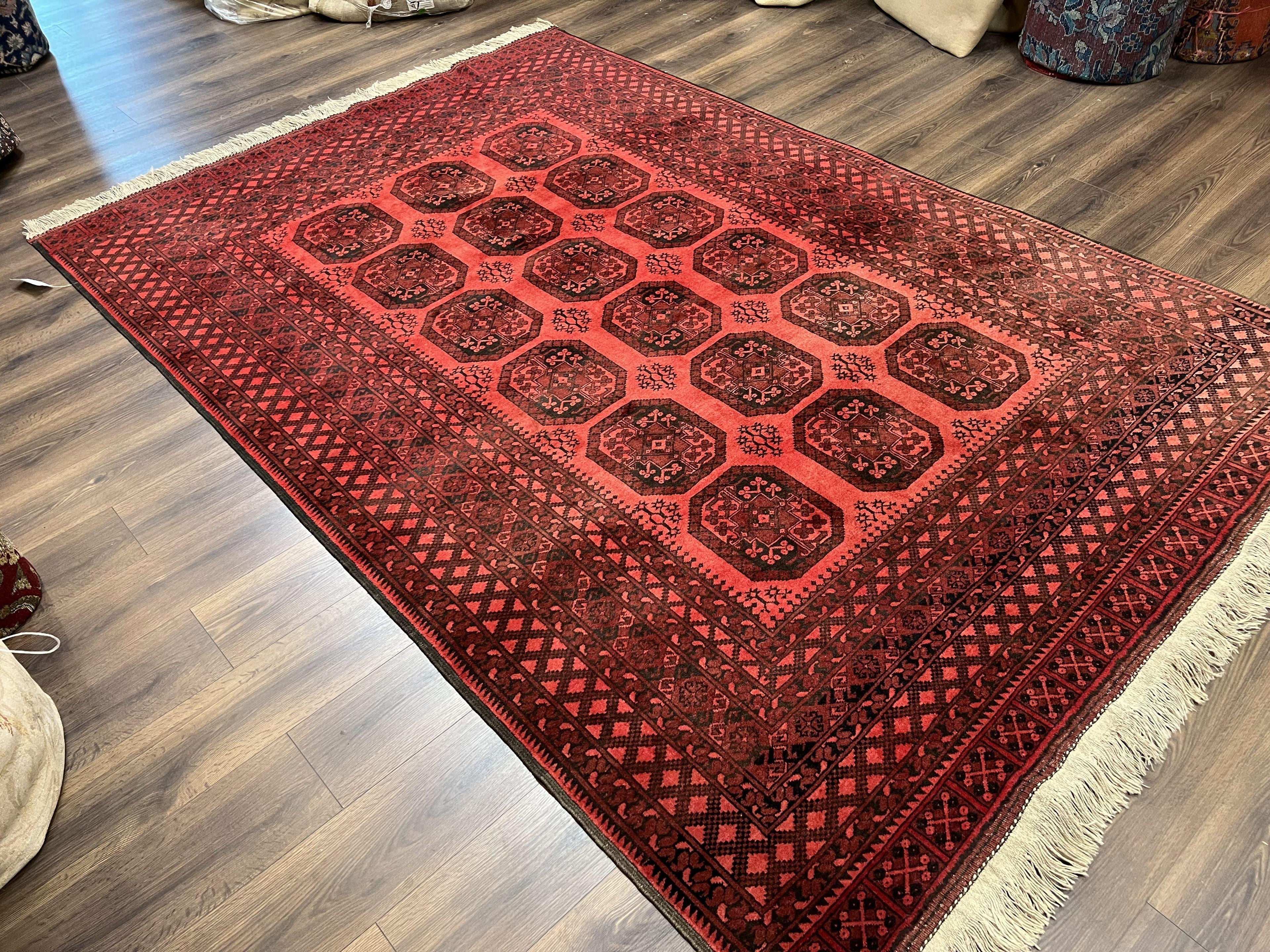 Afghan Turkoman Rug 7x10, Vintage Yamud Beshir Bokhara Carpet, Red and Black Bukhara Hand-Knotted Oriental Wool Handmade Rug, Elephant Foot