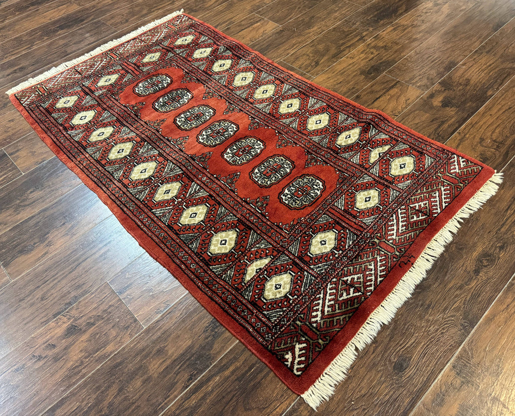 Red Pakistani Turkoman Rug 3x5, Bokhara Design, Vintage, Signed
