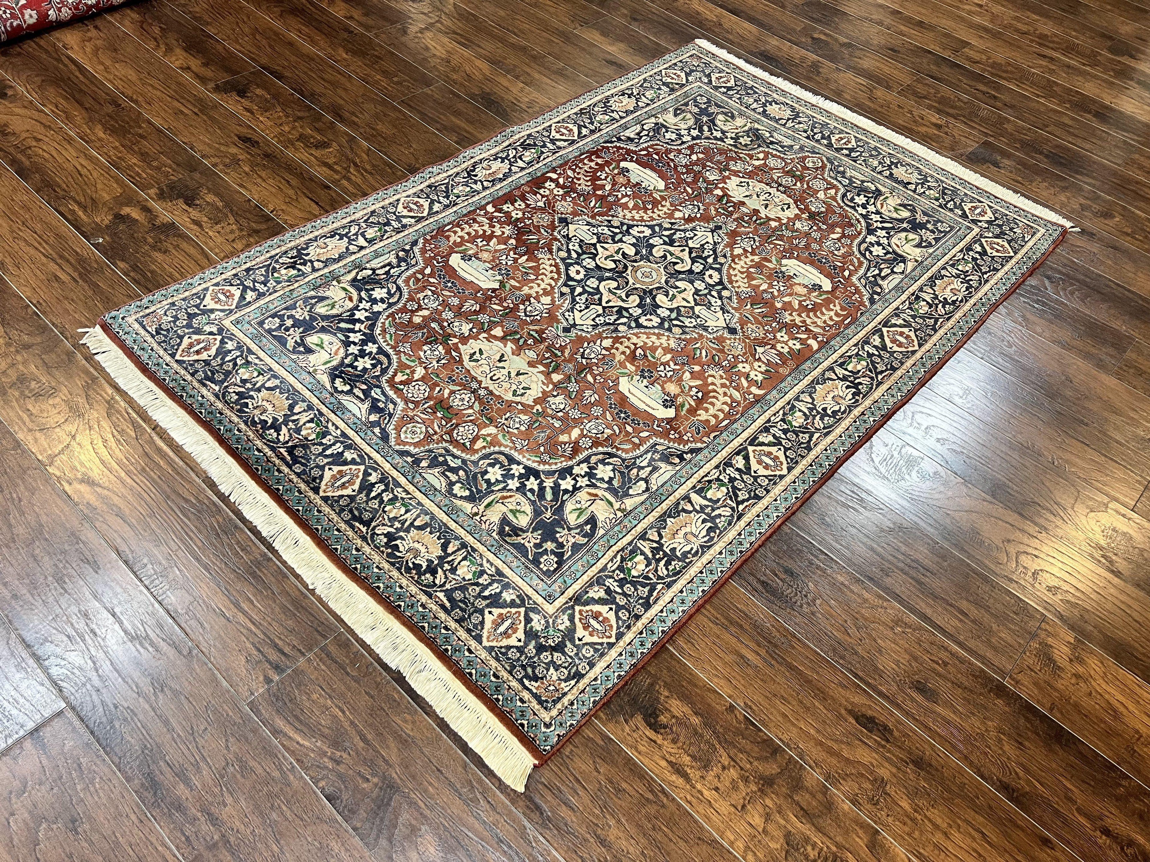 Pak Persian Rug 5x7, Wool Hand Knotted Vintage Carpet, Floral Medallion Rug, Brick Red & Navy Blue, Fine Weave, Medium Sized Rug