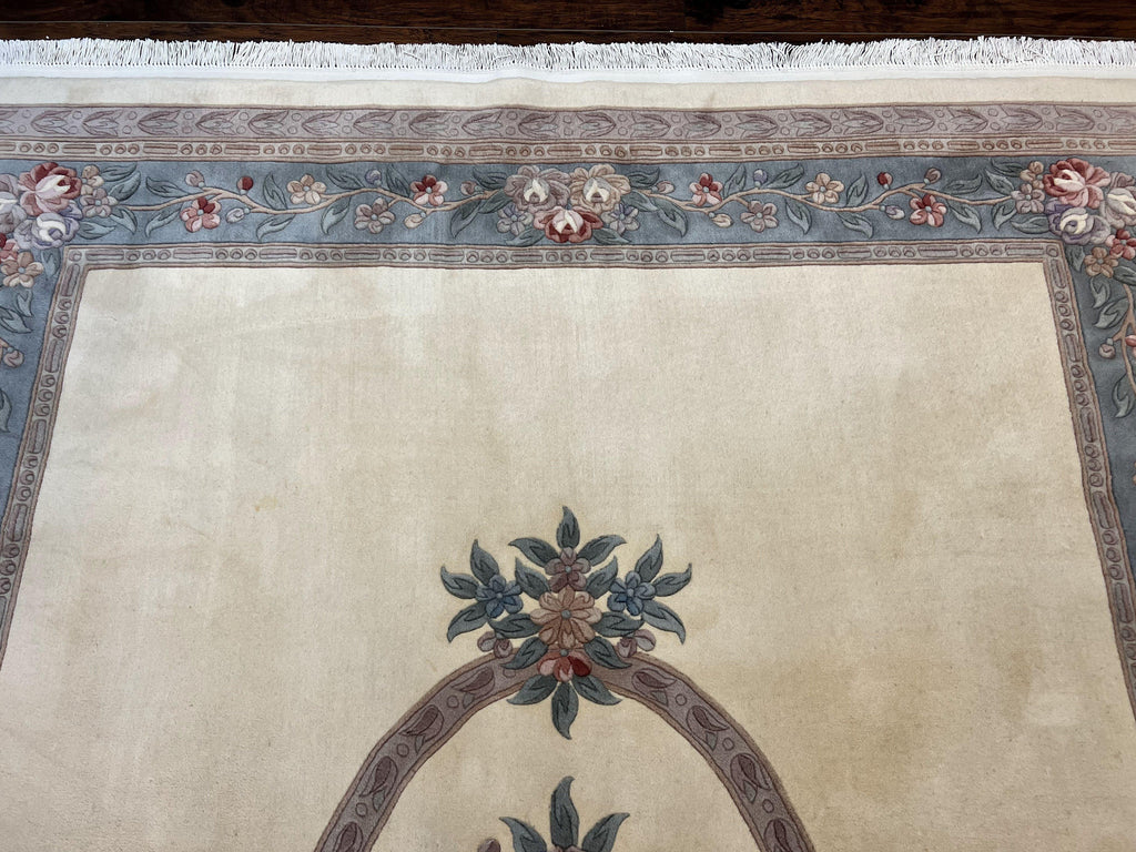 Chinese Carving Rug 8x10, Chinese Wool Carpet 8 x 10, Cream, 120 Line Rug, Vintage Handmade Art Deco Asian Oriental Rug, Aubusson Rug