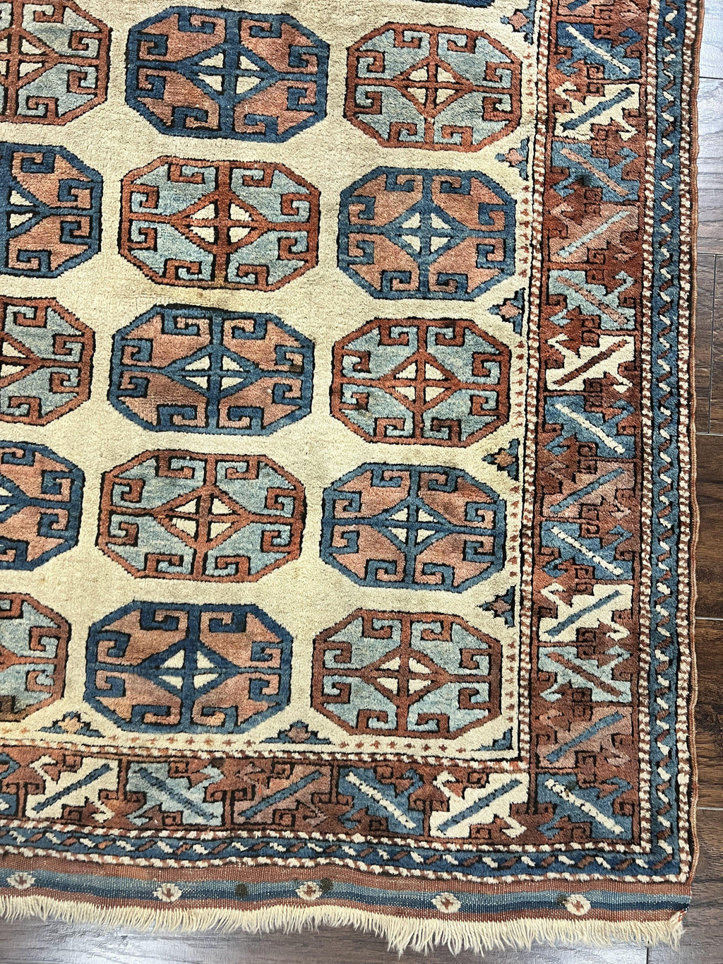 Turkish Kazak Rug 3x4, Wool Hand Knotted Handmade Vintage Carpet, Geometric Tribal Repeated Motif, Small 3 x 4 Antique Rug, Cream Red