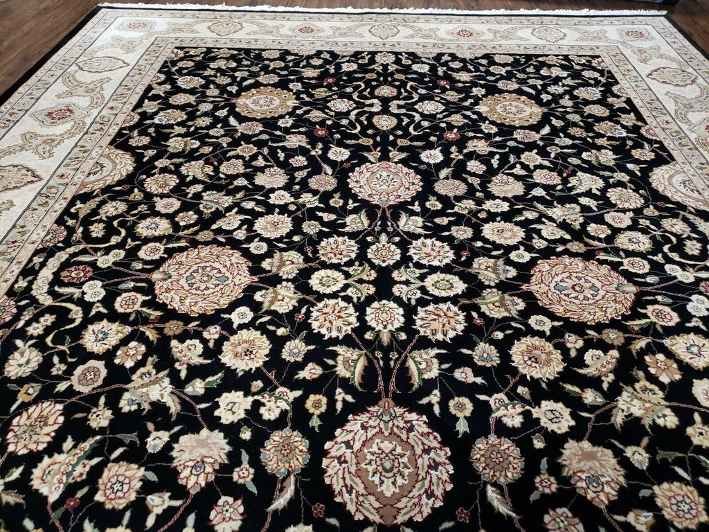 8' 5" X 11' 6" Vintage Handmade Oriental Floral Wool Rug Silk Accent Black Nice