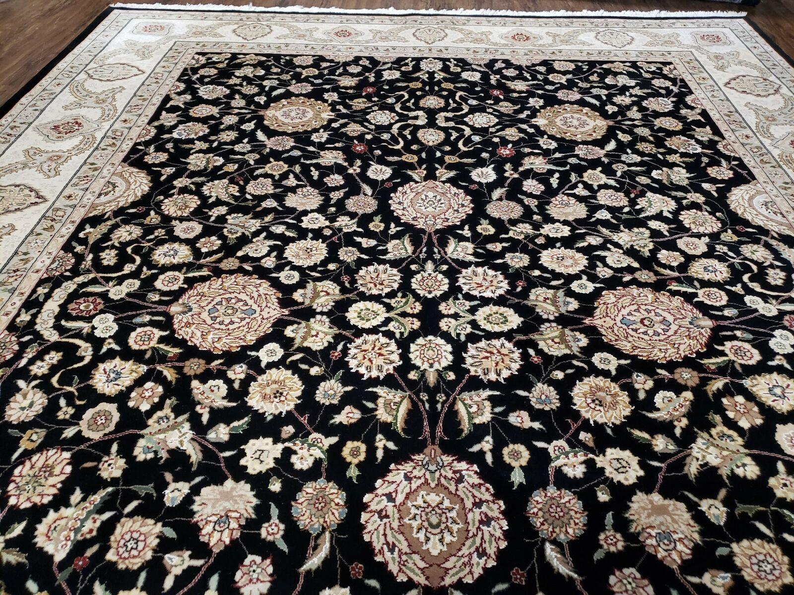 8' 5" X 11' 6" Vintage Handmade Oriental Floral Wool Rug Silk Accent Black Nice