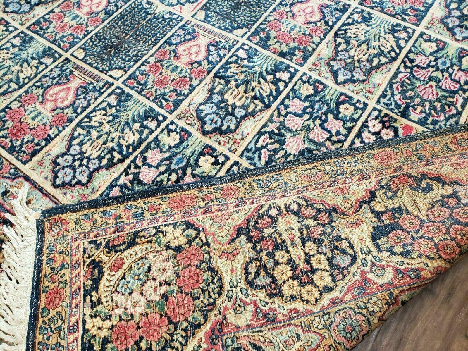 Persian Rug 10x15, Authentic Oriental Carpet 10 x 15, Wool Area Rug Panel Design Hand-Knotted Vintage Kirman Yazd Rug, Dark Blue and Beige,  Floral