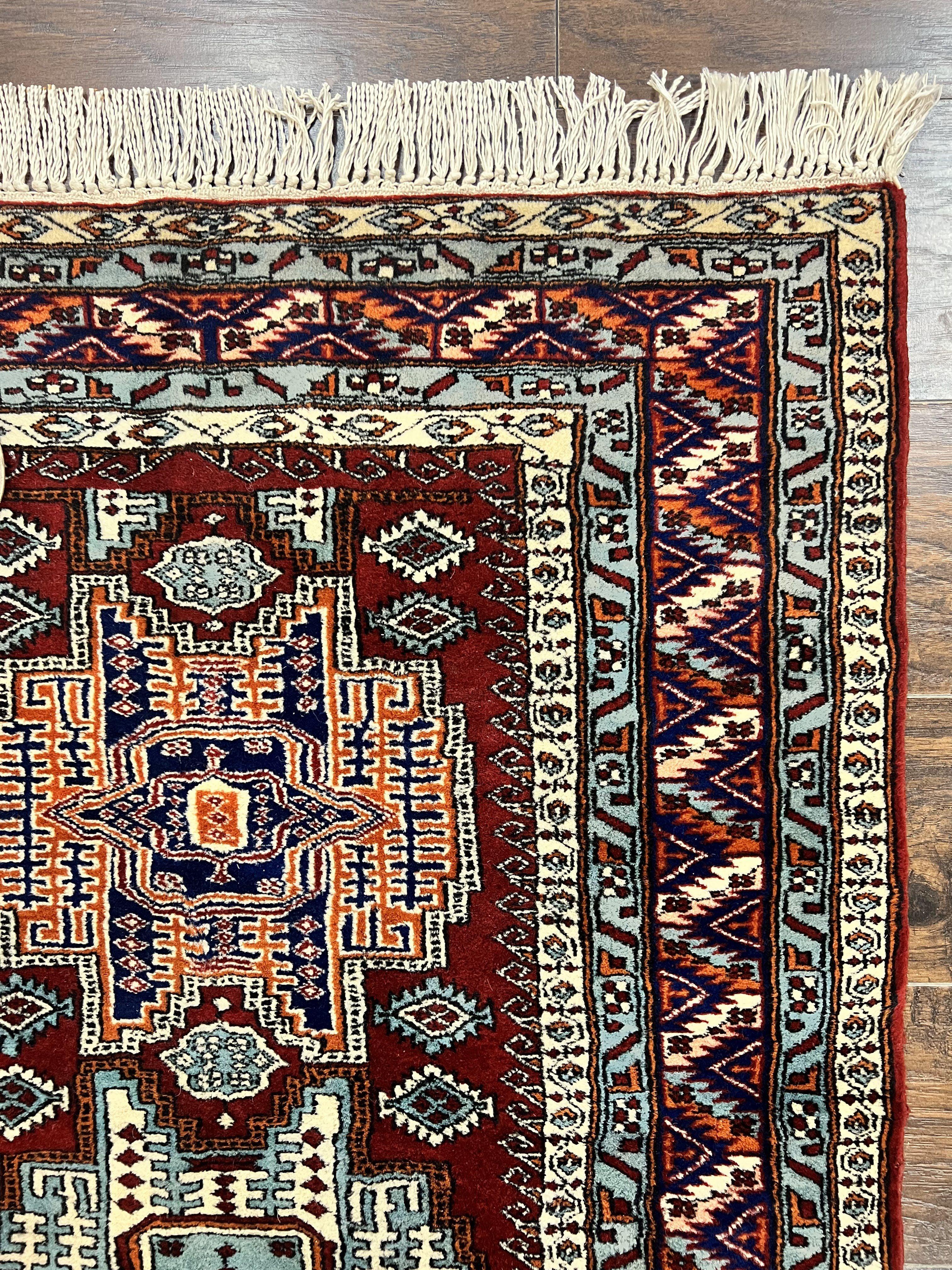 Pakistani Rug 3x5 ft, Caucasian Kazak Design, Geometric Rug, Small Vintage Oriental Carpet, Dark Red Vintage Handmade Wool Rug 3 x 5