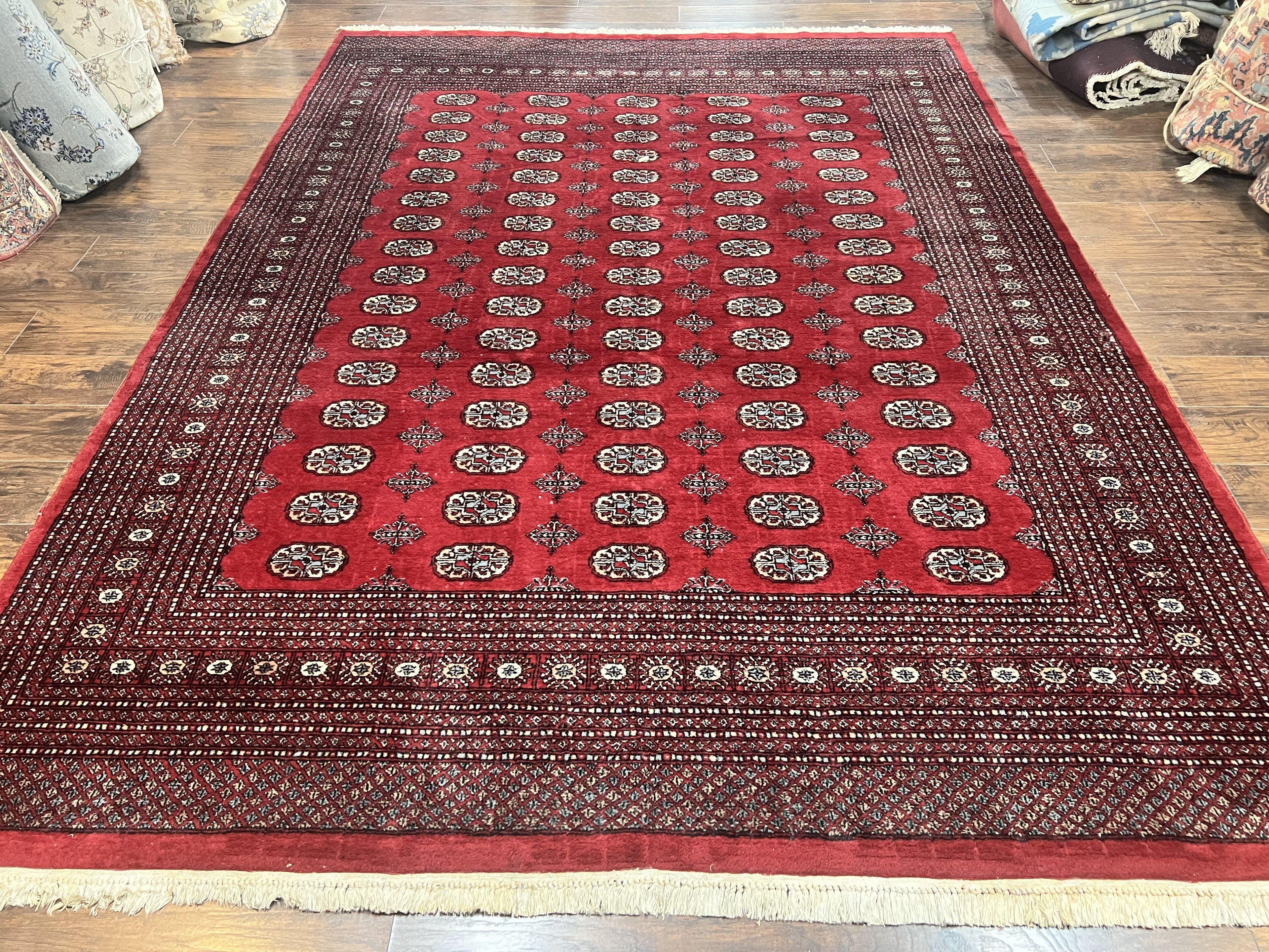 Turkoman Rug 8 x 11.6, Red Bokhara Pakistani Carpet, Wool Handmade Vintage Rug