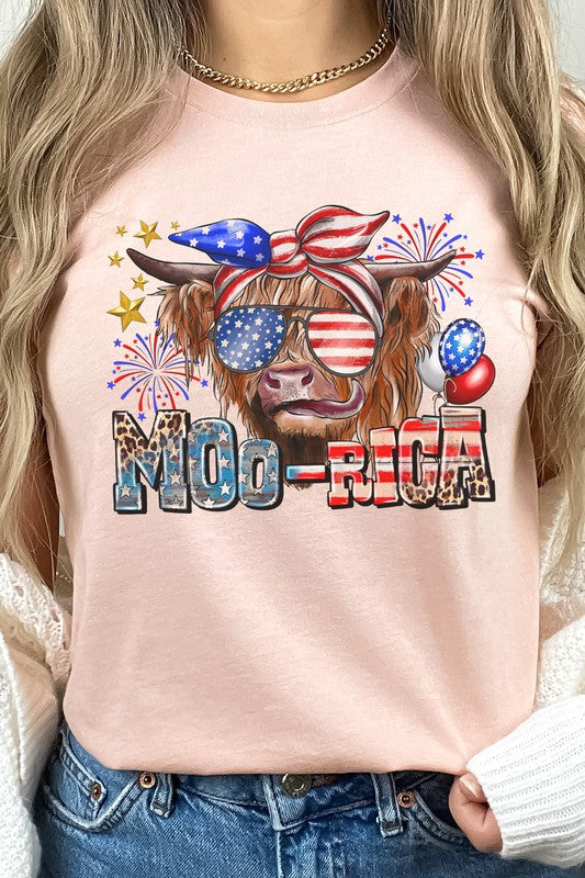 Moo-Rica Cow Fireworks Flag Patriotic Graphic Tee T-Shirt