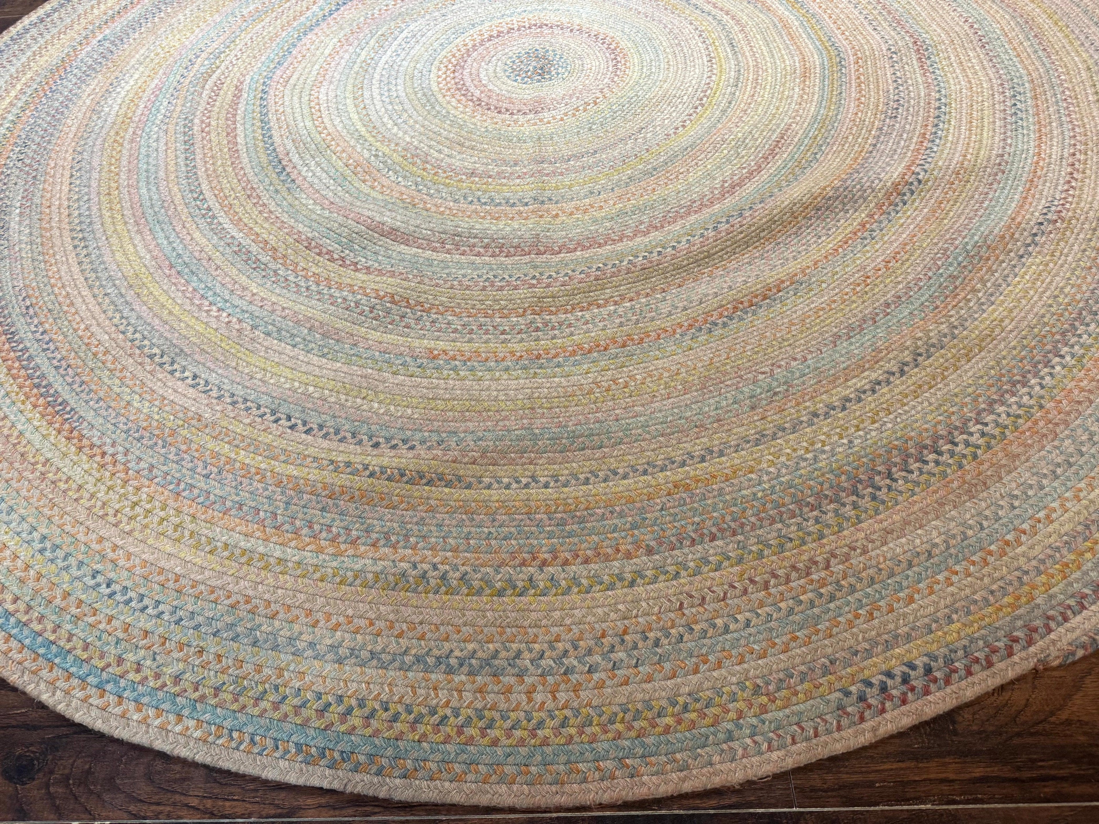Large American Round Braided Rug 10x10, Multicolor, Vintage, Mid Century, Hand Braided