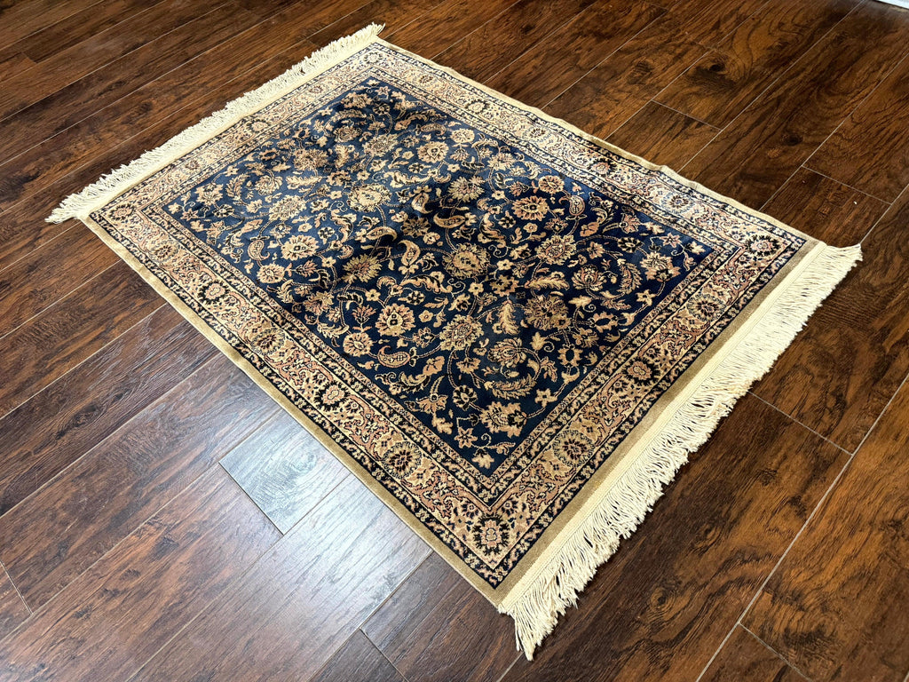 Vintage Art Silk Rug 3x4, Traditional Oriental Persian Design Rug, Belgium Power Loomed Rug, Navy Blue