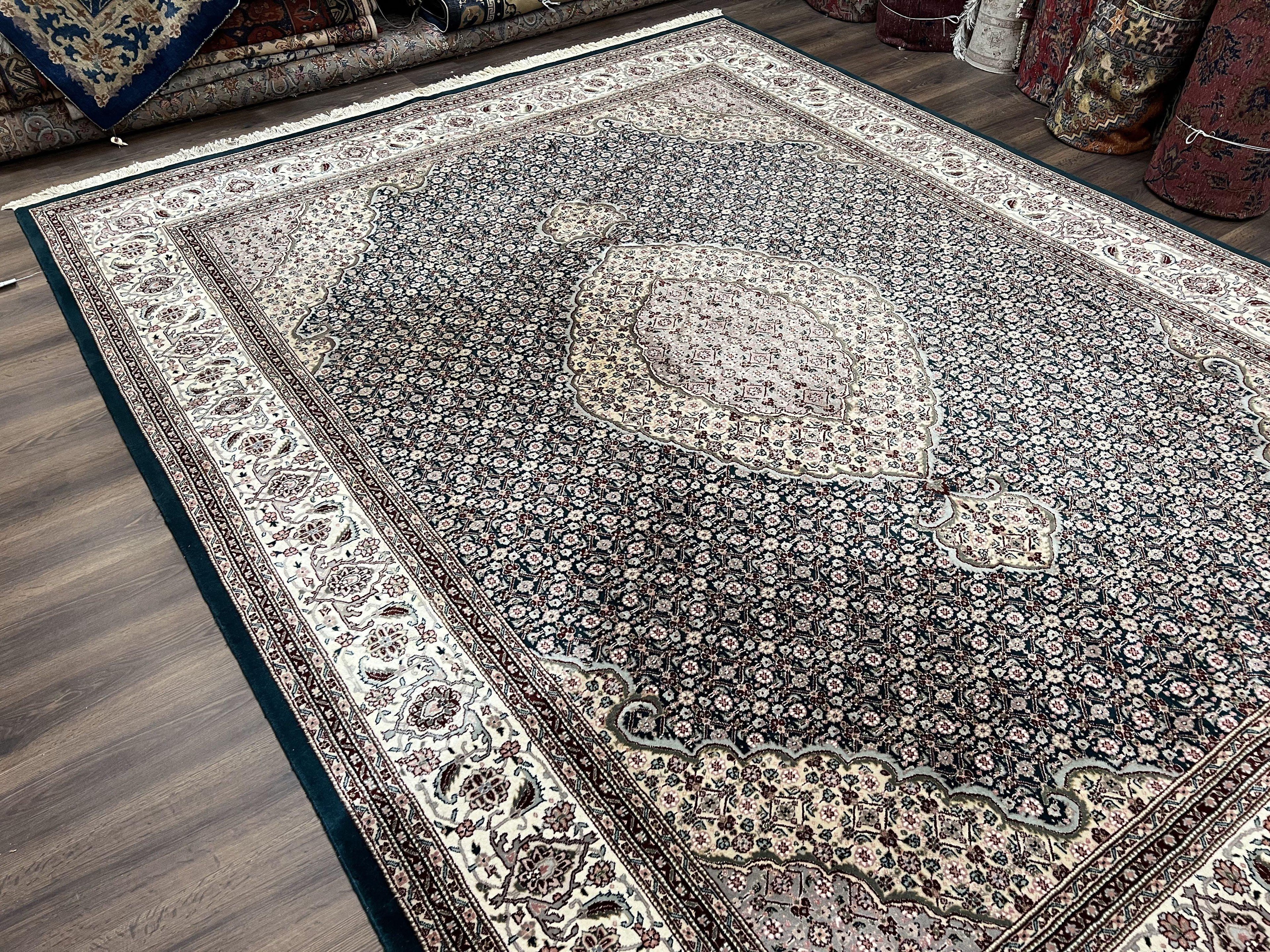 Sino Persian Rug 9x12, Dark Green and Ivory, Medallion, Mahi Herati, Elegant Oriental Carpet, Wool Hand Knotted Traditional Room Sized Rug