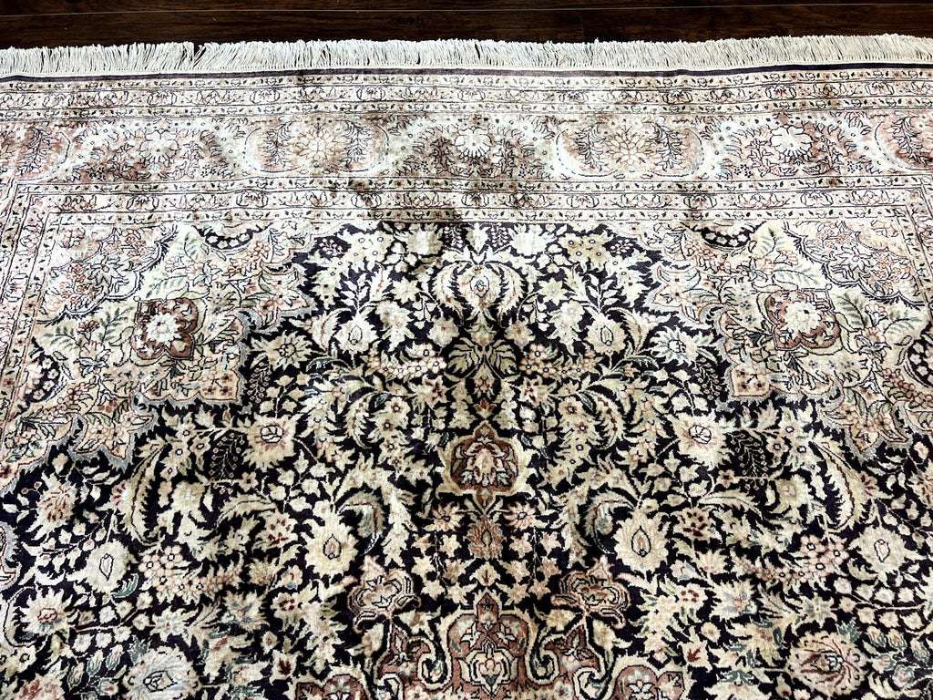 Silk Indian Kashmiri Rug 8x10, Floral Medallion, Indo Persian Carpet, Handmade Vintage Silk Rug