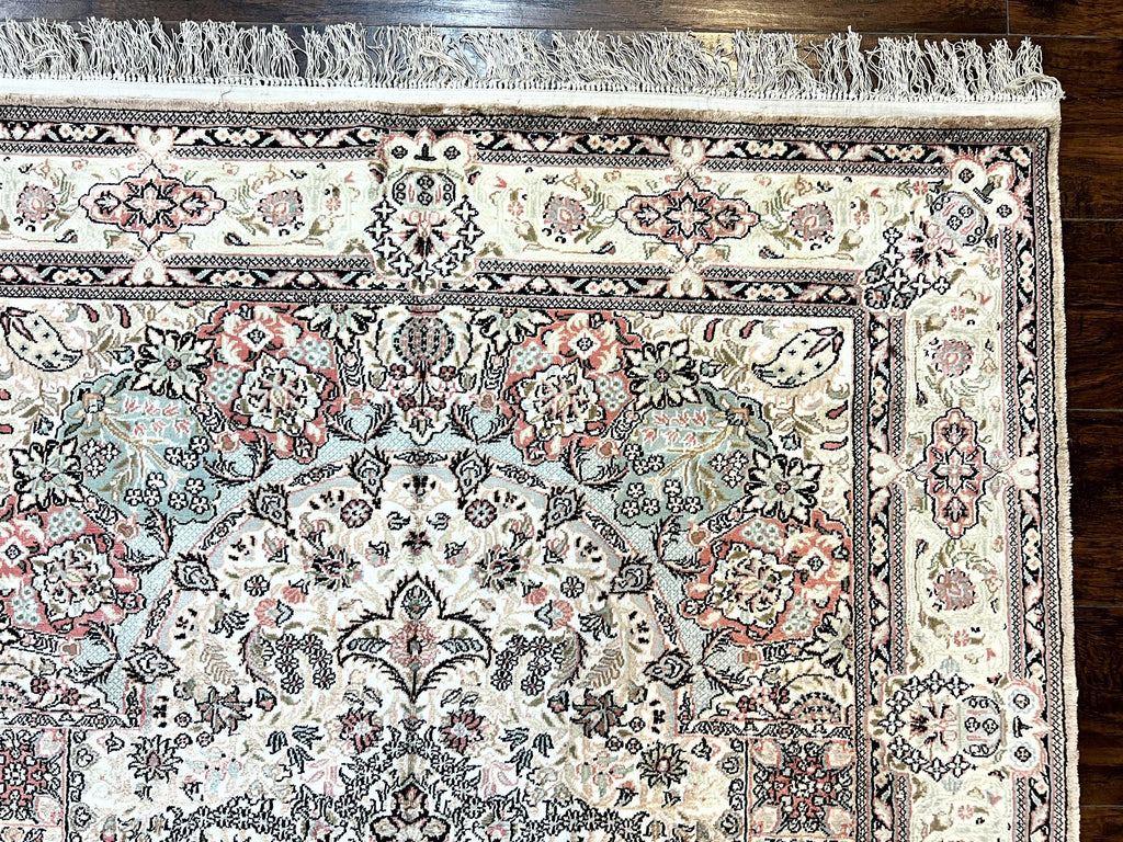 Silk Indian Kashmiri Rug 4x6, Handmade, Ivory, Fine 240 KPSI
