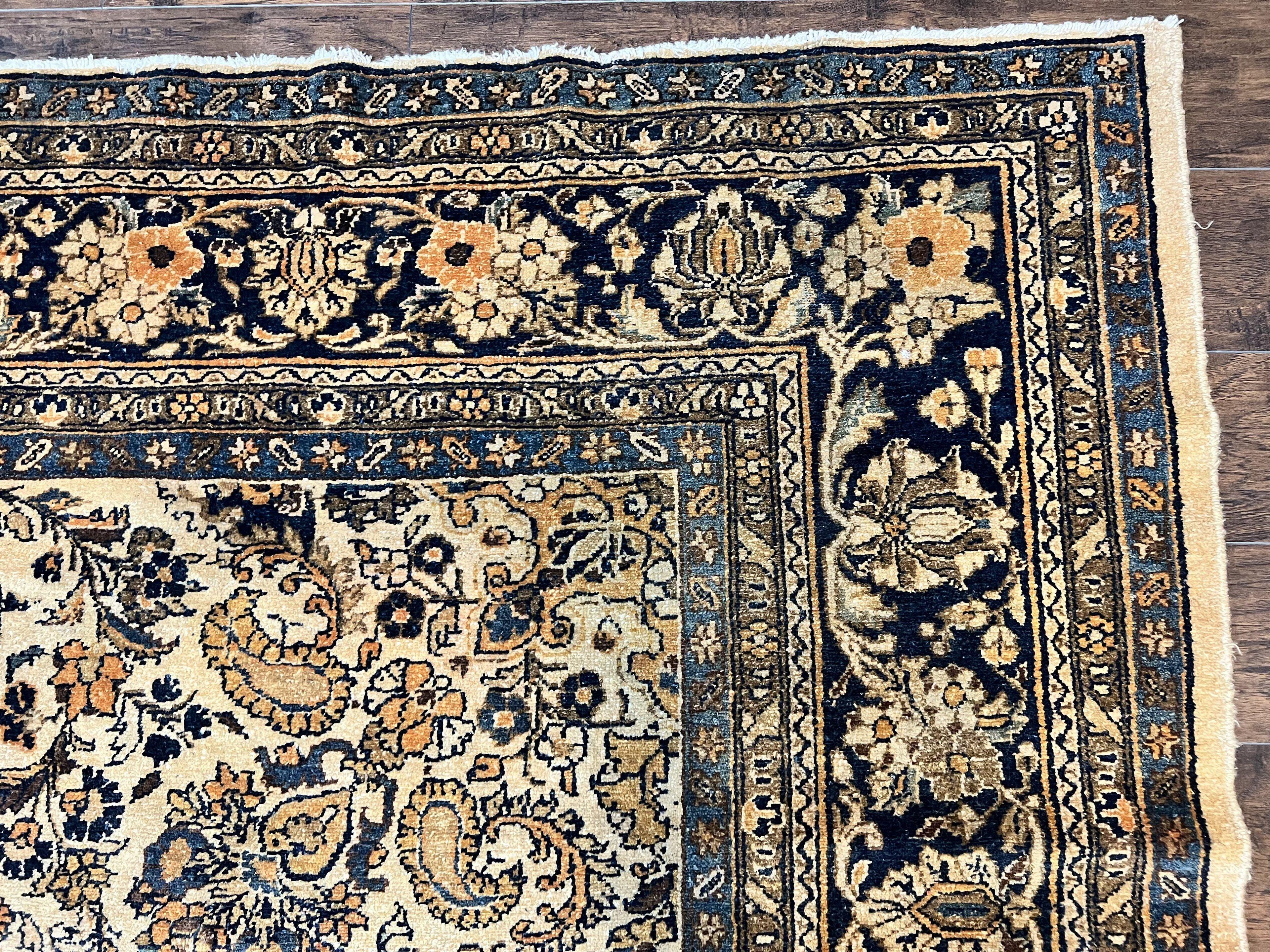 Antique Persian Rug 9x11, Wool Handmade 1920s Oriental Carpet, Persian Hamadan Anjelas Rug, Cream Black, Floral Allover Oriental Rug 9 x 11 Room Sized Rug