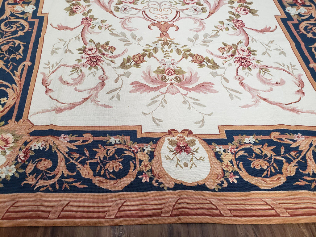 Chinese Aubusson Savonnerie Area Rug 6x8, Vintage Hand-Woven Needlepoint Rug, Flat Weave Handmade Wool Carpet Living Room Ivory & Navy Blue