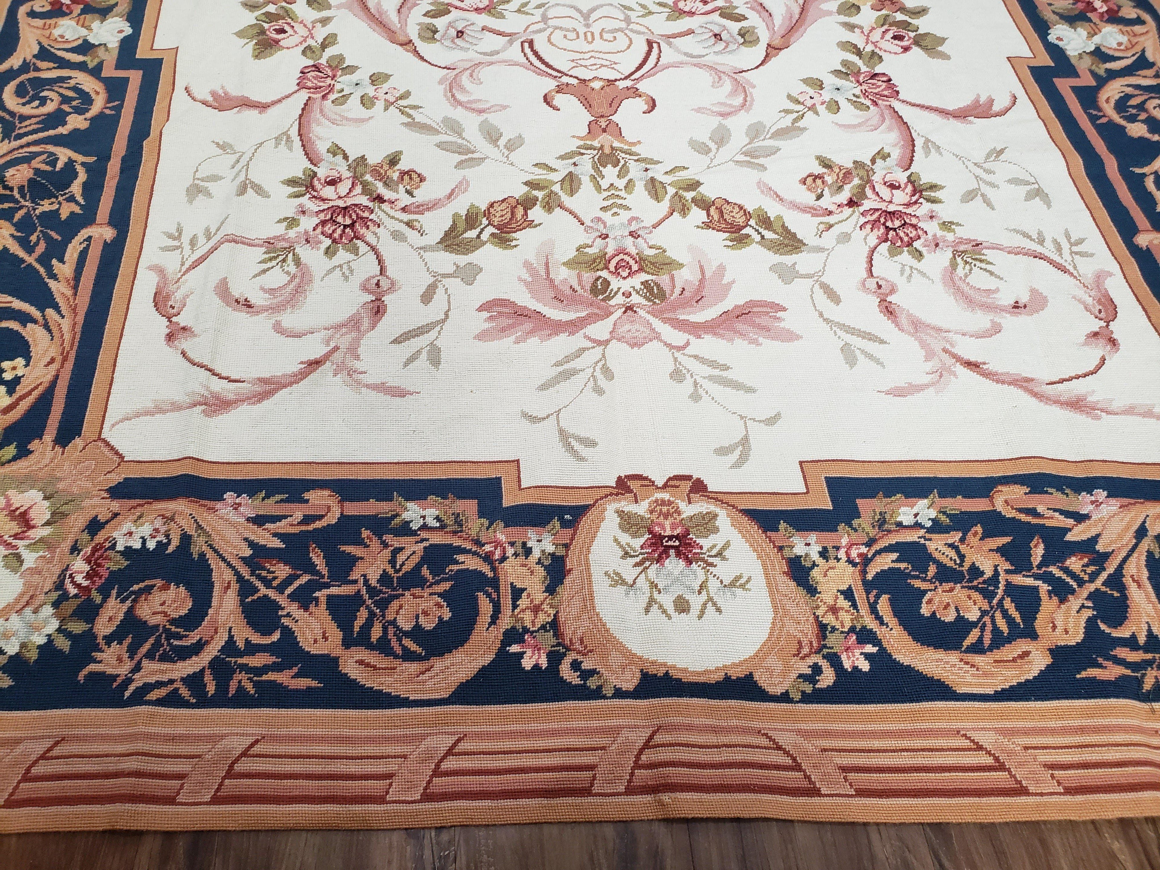 Chinese Aubusson Savonnerie Area Rug 6x8, Vintage Hand-Woven Needlepoint Rug, Flat Weave Handmade Wool Carpet Living Room Ivory & Navy Blue