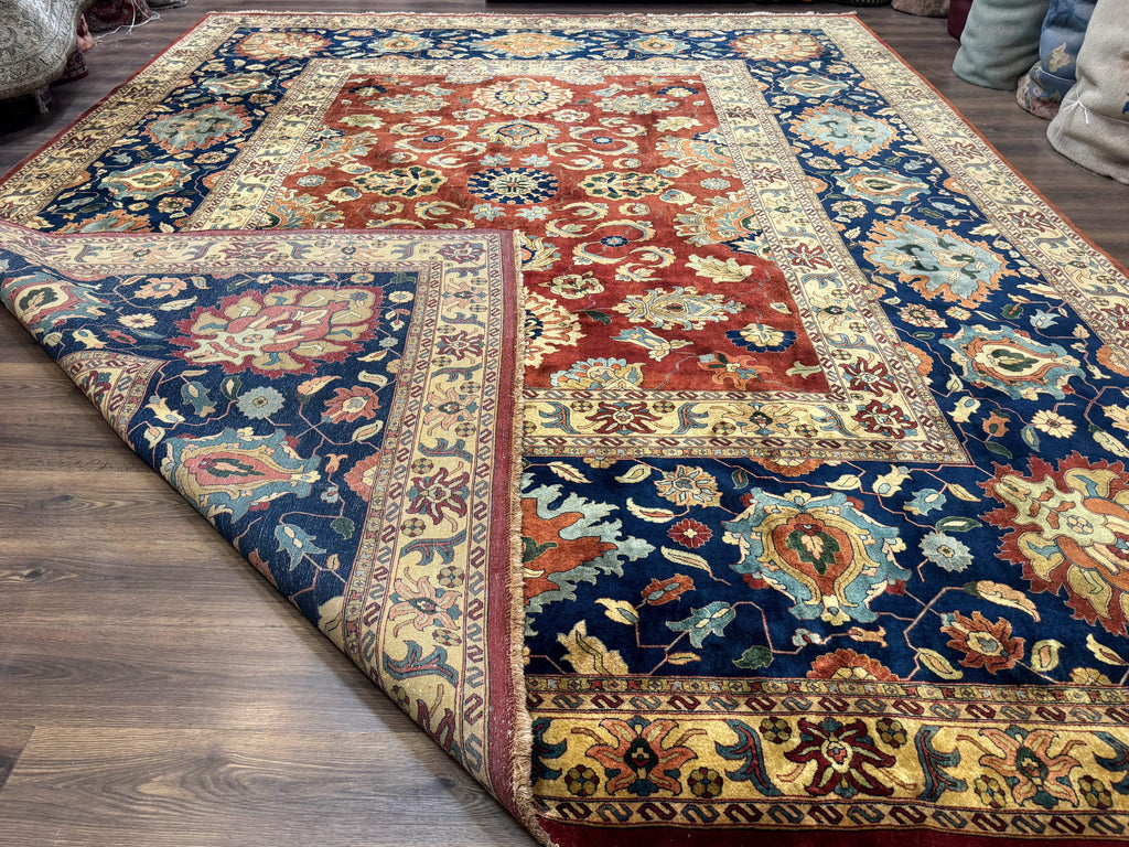 Palace Size Indo Persian Rug 12x15, Sultanabad Mahal Carpet, Red Navy Blue, Fine 210 KPSI