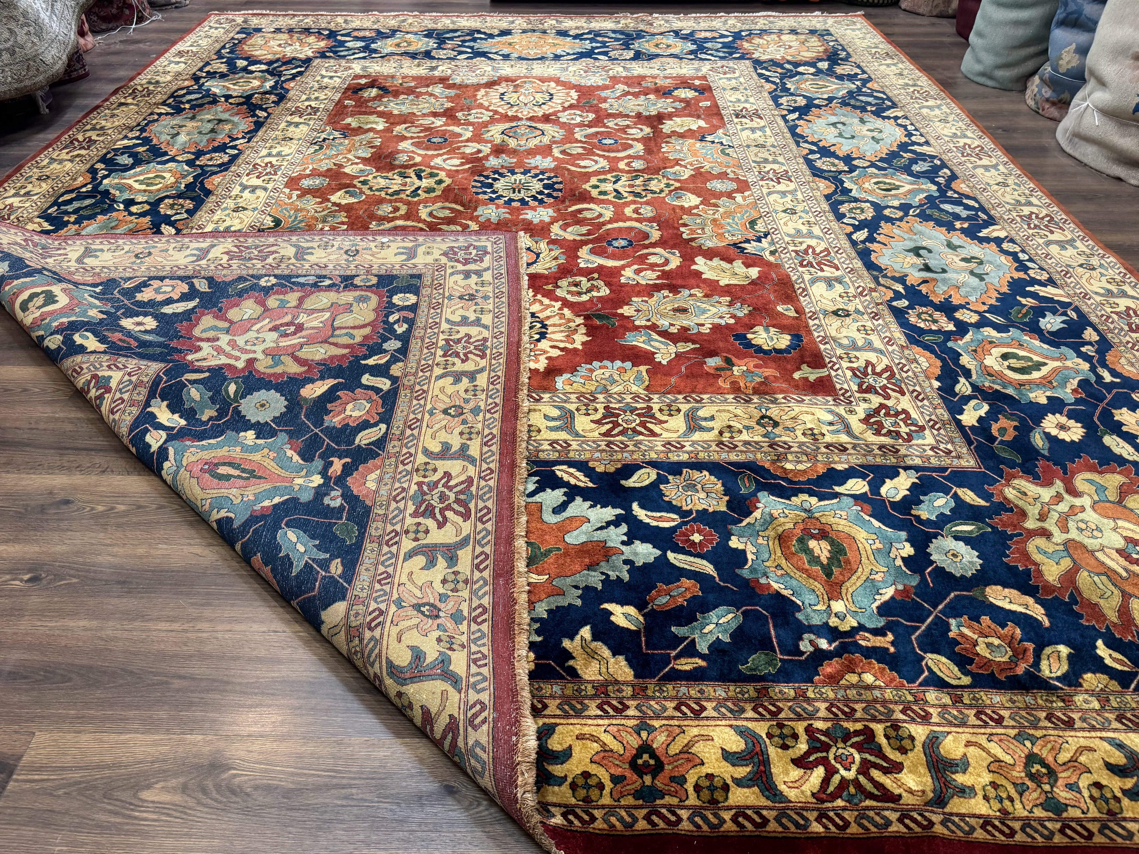 Palace Size Indo Persian Rug 12x15, Sultanabad Mahal Carpet, Red Navy Blue, Fine 210 KPSI