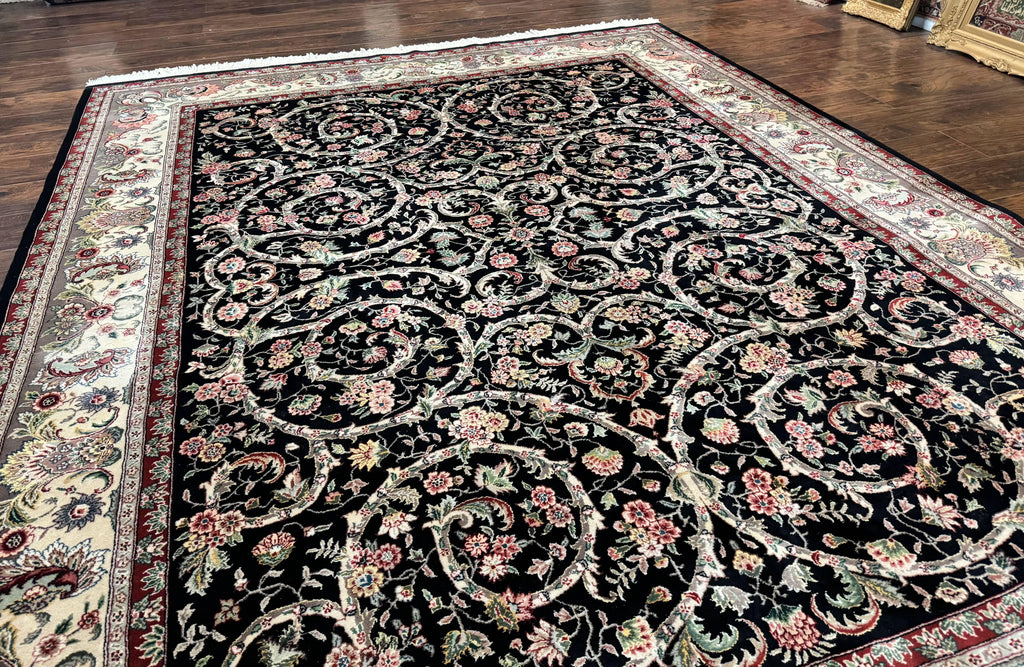 Black Pak Persian Rug 8x11, Floral Pattern, Hand Knotted Vintage Wool Rug with Silk Highlights, Fine 200 KPSI