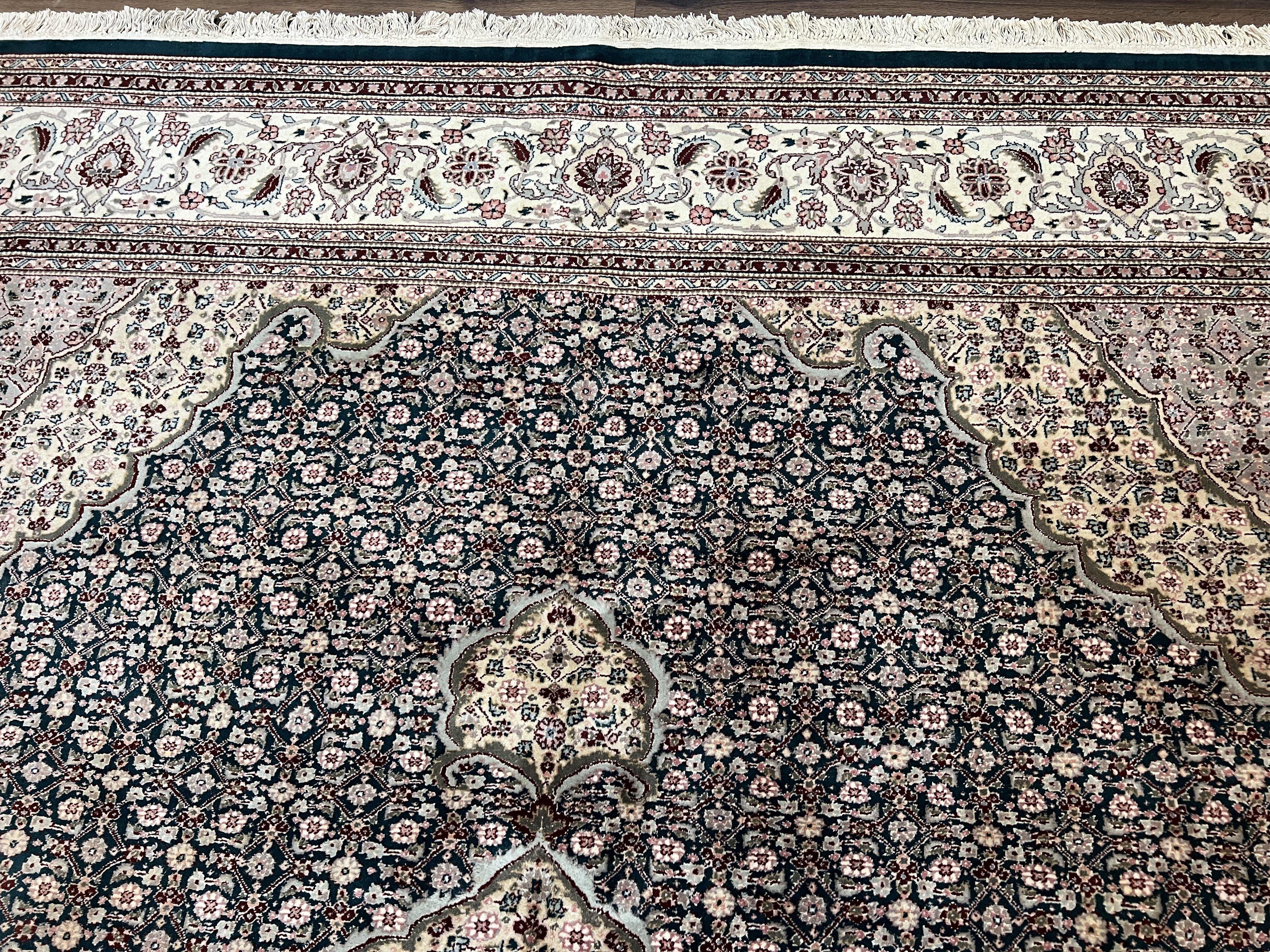Sino Persian Rug 9x12, Dark Green and Ivory, Medallion, Mahi Herati, Elegant Oriental Carpet, Wool Hand Knotted Traditional Room Sized Rug