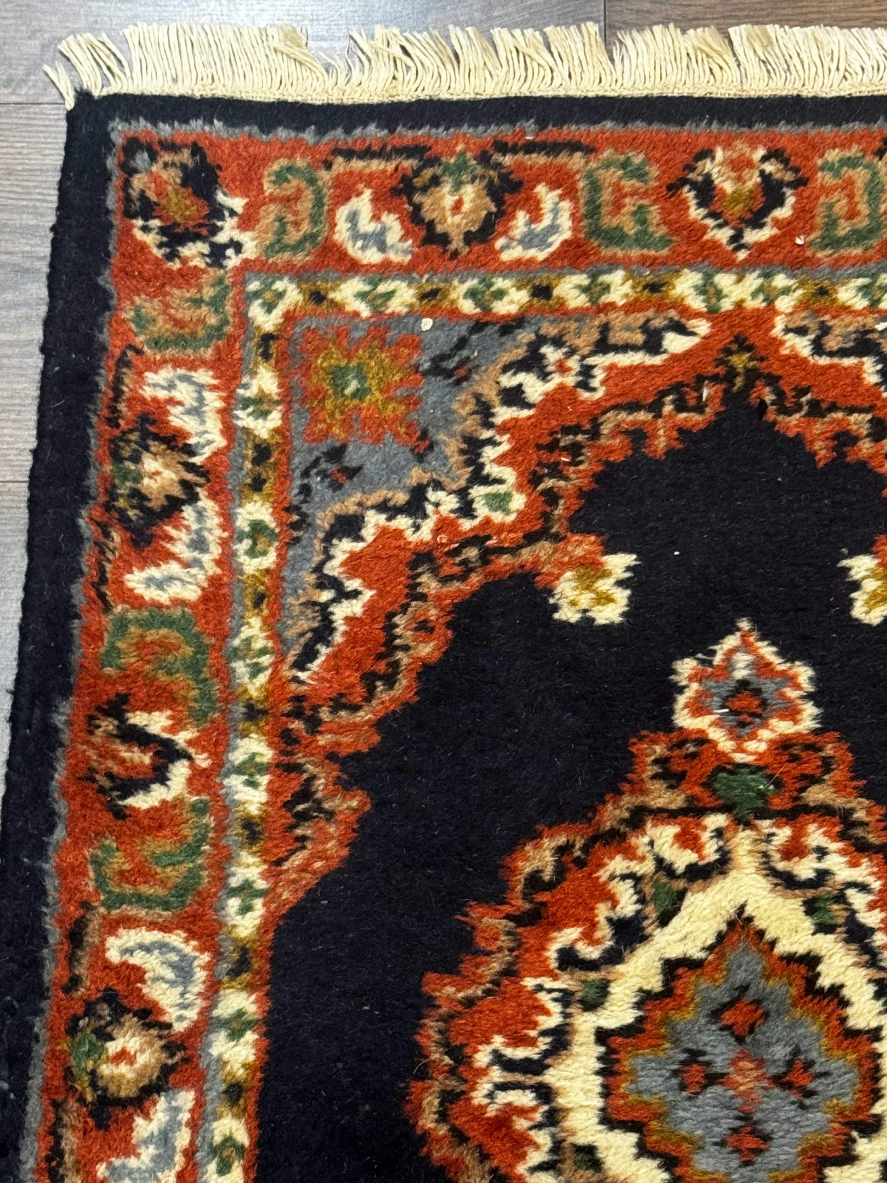 Small Indo Persian Rug 2x3, Navy Blue & Terracotta, Wool, Handmade