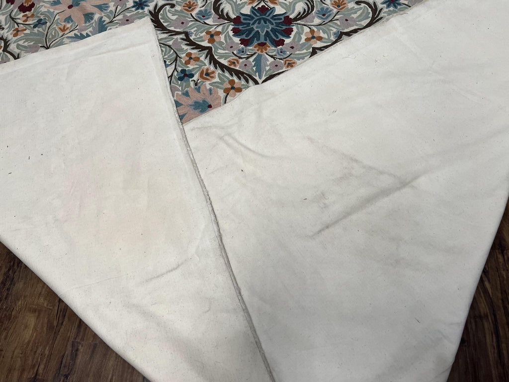 Chain Stitched Rug 9x12 Vintage Carpet 9 x 12 Flatweave Rug, Ivory Teal Rug, Area Rug 9 by 12, Hand Stitched Rug, Medallion, Indian Rug