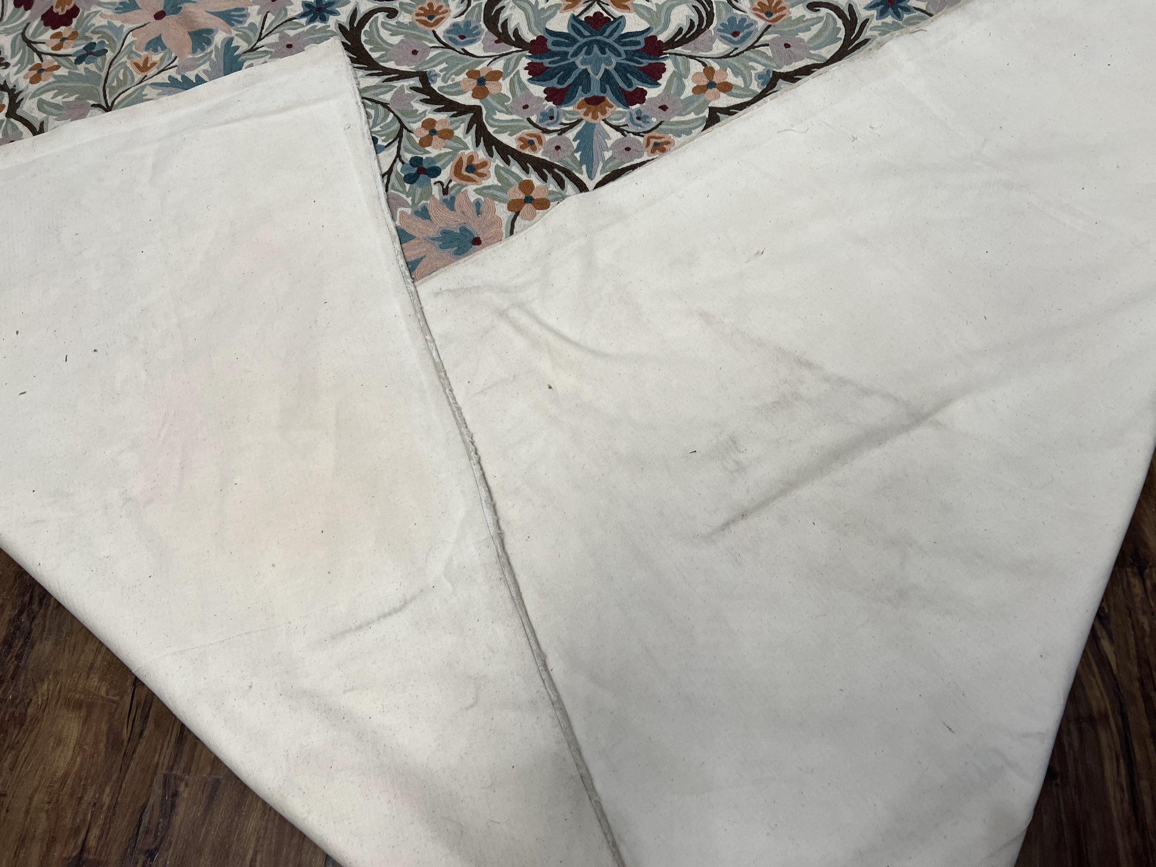 Chain Stitched Rug 9x12 Vintage Carpet 9 x 12 Flatweave Rug, Ivory Teal Rug, Area Rug 9 by 12, Hand Stitched Rug, Medallion, Indian Rug