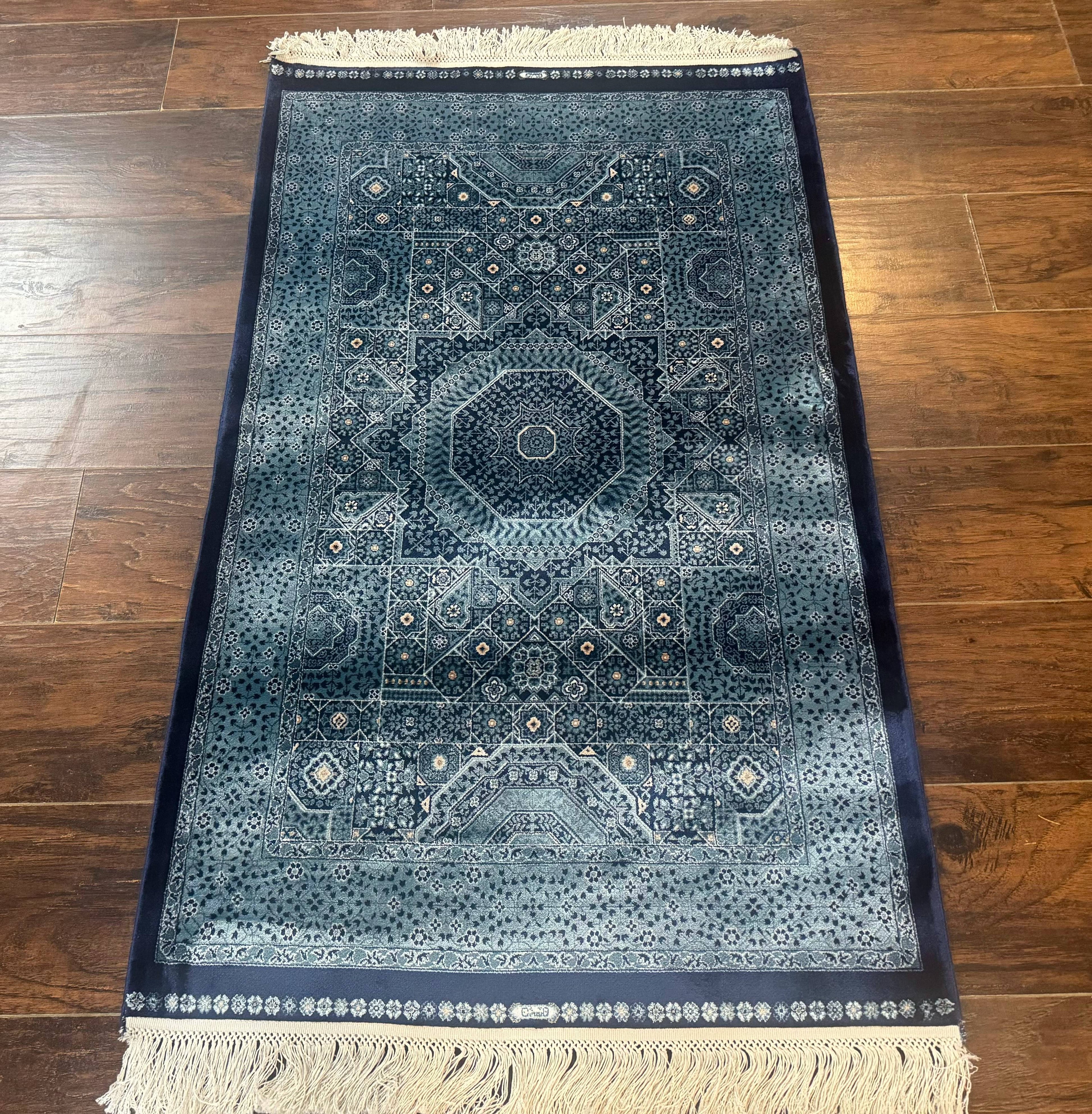 Blue Turkish Silk Hereke Rug 2.6 x 4, Mamluk Red, Blue, Bamboo Silk