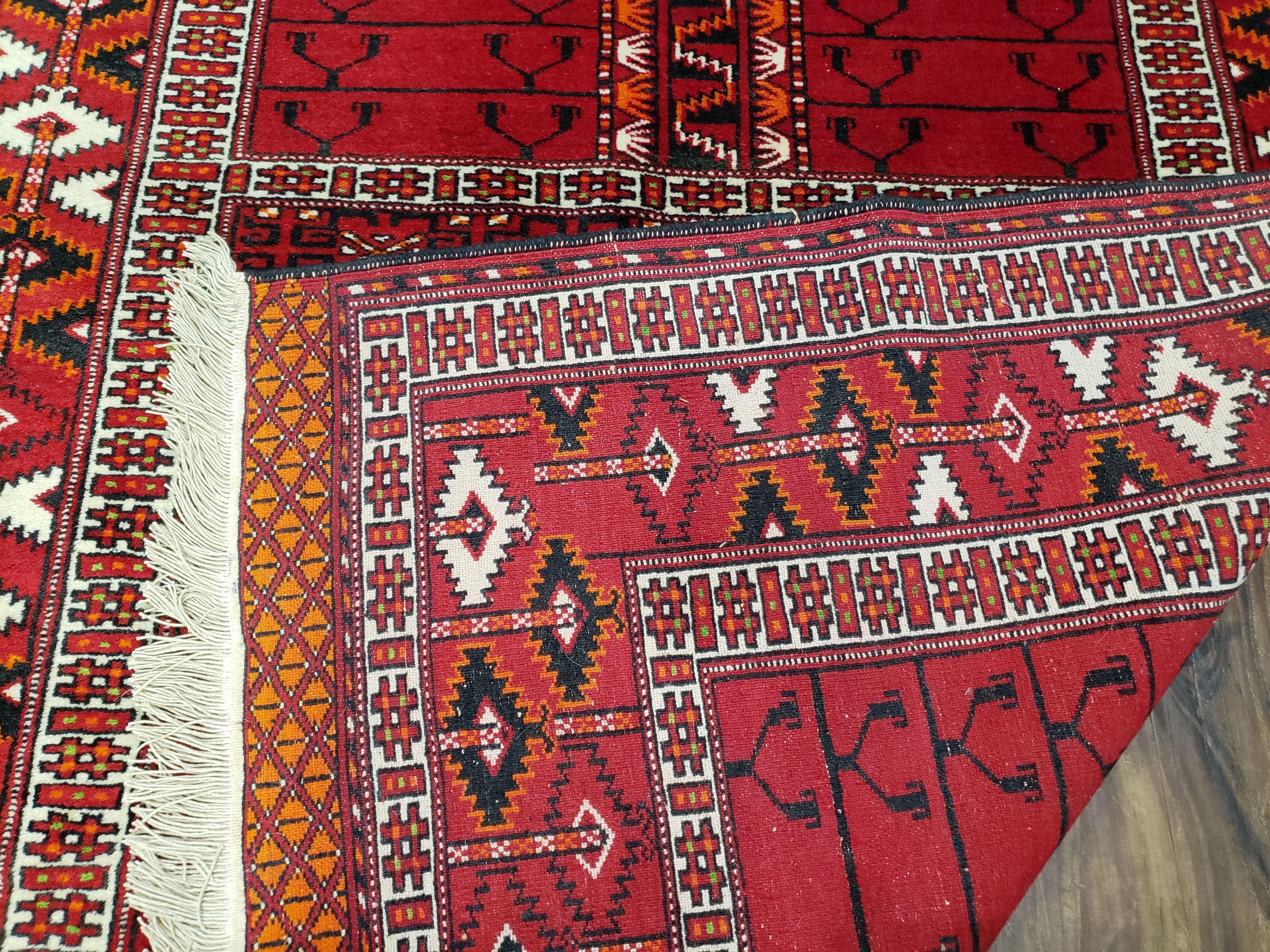 Antique Persian Turkoman Rug 4x5, Hatchli Tekkeh Ersari Red Tribal Rug, Handmade Wool Oriental Carpet, Four Seasons Rug