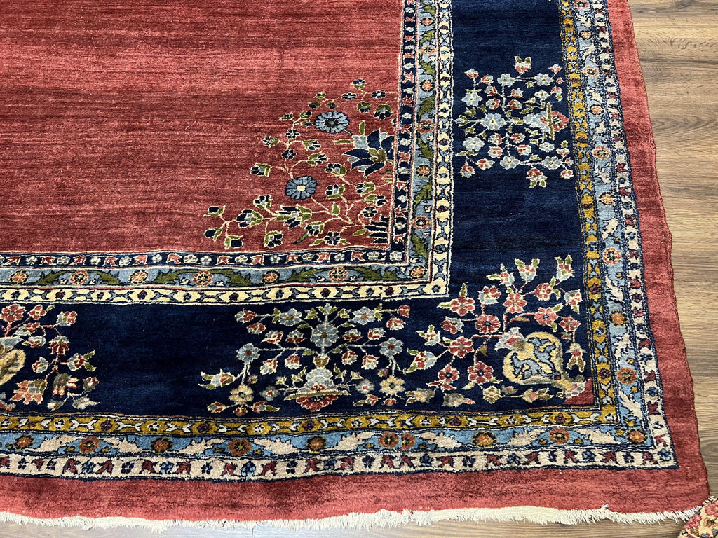 Large Persian Sarouk Rug 10x17, Open Field, Red and Navy Blue, Palace Sized Oversized Hand Knotted Wool Oriental Carpet Flowers Vases Antique 1920s