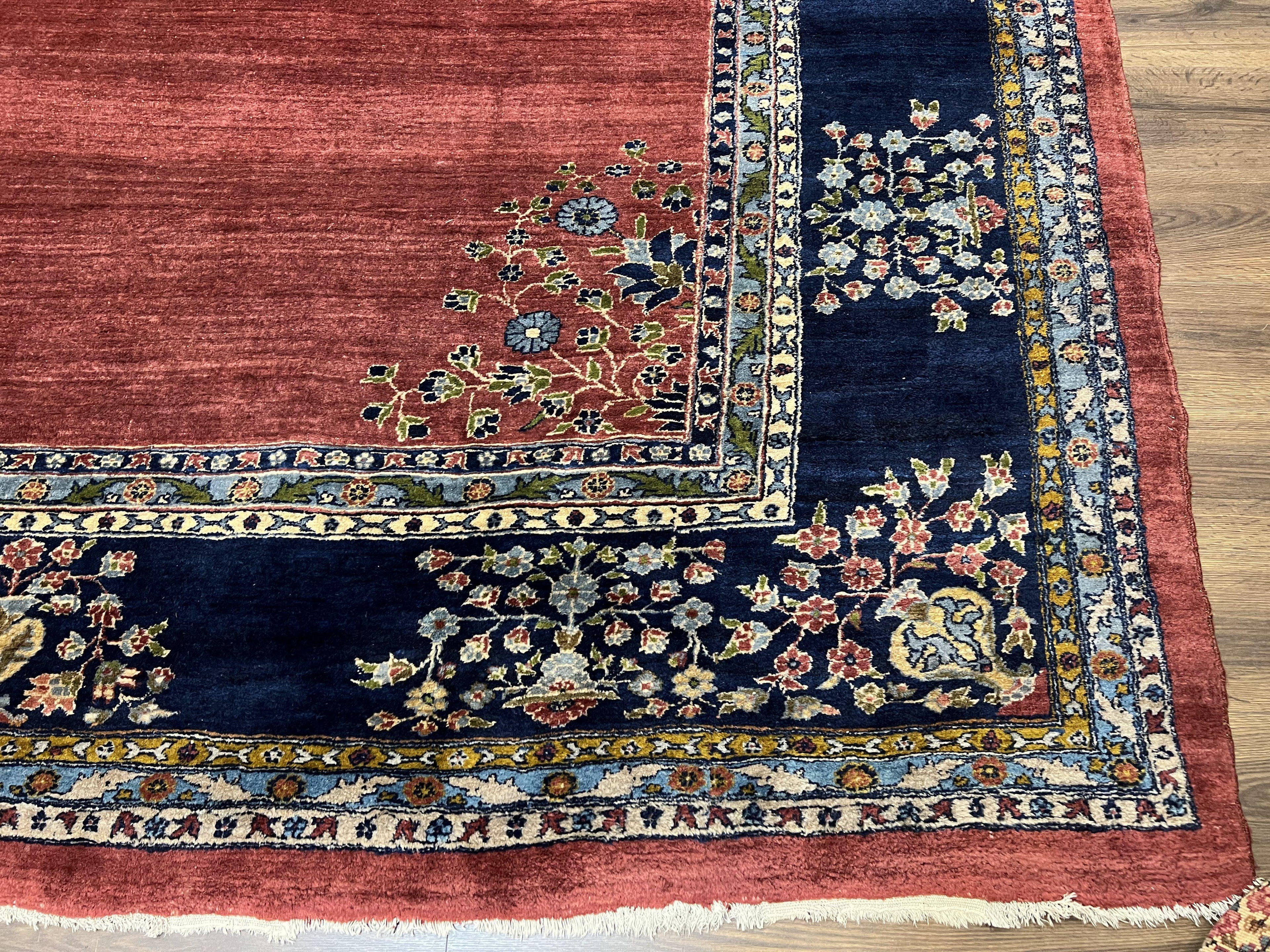Large Persian Sarouk Rug 10x17, Open Field, Red and Navy Blue, Palace Sized Oversized Hand Knotted Wool Oriental Carpet Flowers Vases Antique 1920s